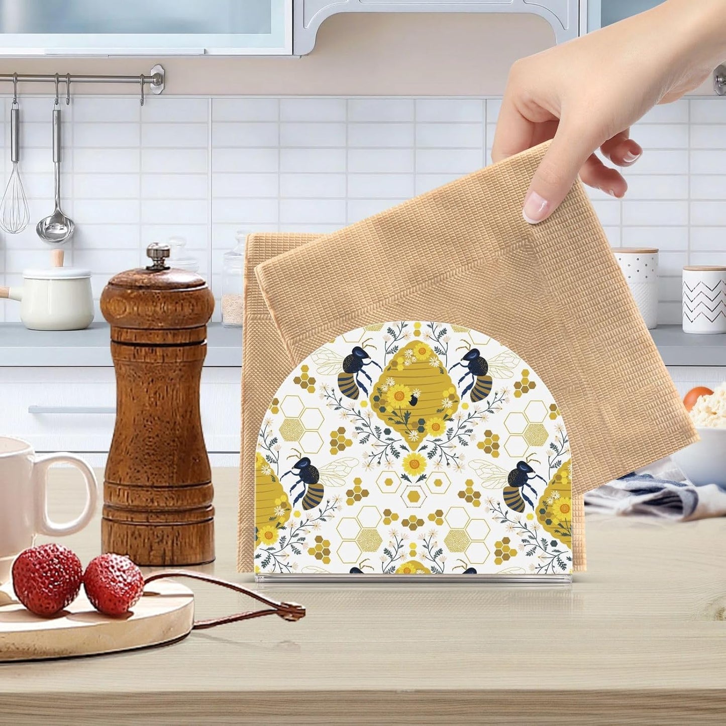 Bee Hive Honeycomb Daisy Flower Napkin Holder for Table Paper Napkins Holder Acrylic Tissue Dispenser Kitchen Dining Room Bathroom Party Car Decor
