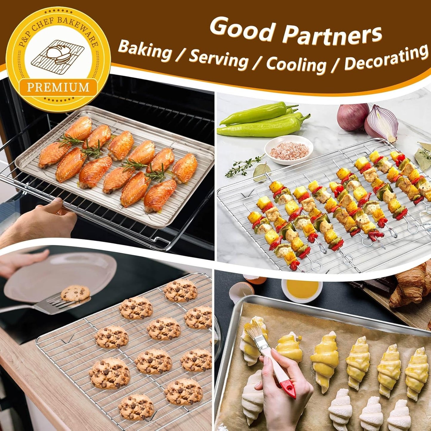 P&P CHEF 16 + 12.5 Inch Stainless Steel Baking Sheet with Rack Set (2 Pans+ 2 Racks), Cookie Sheets Baking Trays and Cooling Wire Racks, Oven & Dishwasher Safe, Pans with Flat Racks