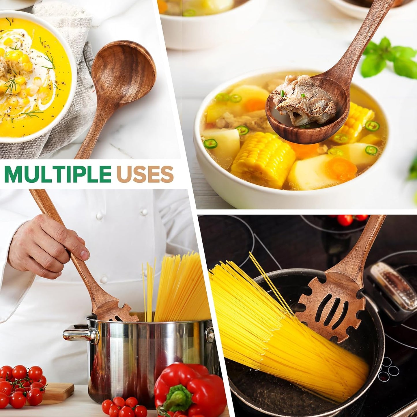 Wooden Spoons for Cooking,2 Pcs Wooden Utensil Set of Soup Ladle &Spaghetti Pasta Spoon with Teeth, Teak Wood Soup Ladle&Slotted Pasta Fork Strainer Spoon Set for Serving Collecting Noodle Gravy Sauce