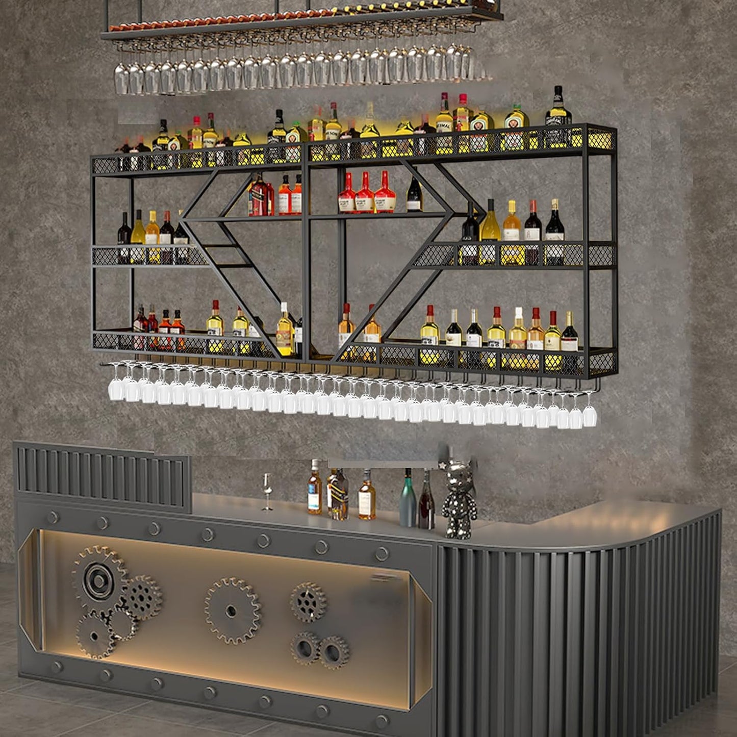 Metal Wine Rack Wall Mounted, Modern Wine Storage Rack Wall Mounted with Wine Glass Holder, Liquor Shelf, Bar Shelves for Liquor Bottles (3TIERS Black, 94.48 * 7.87 * 33.85INCH)