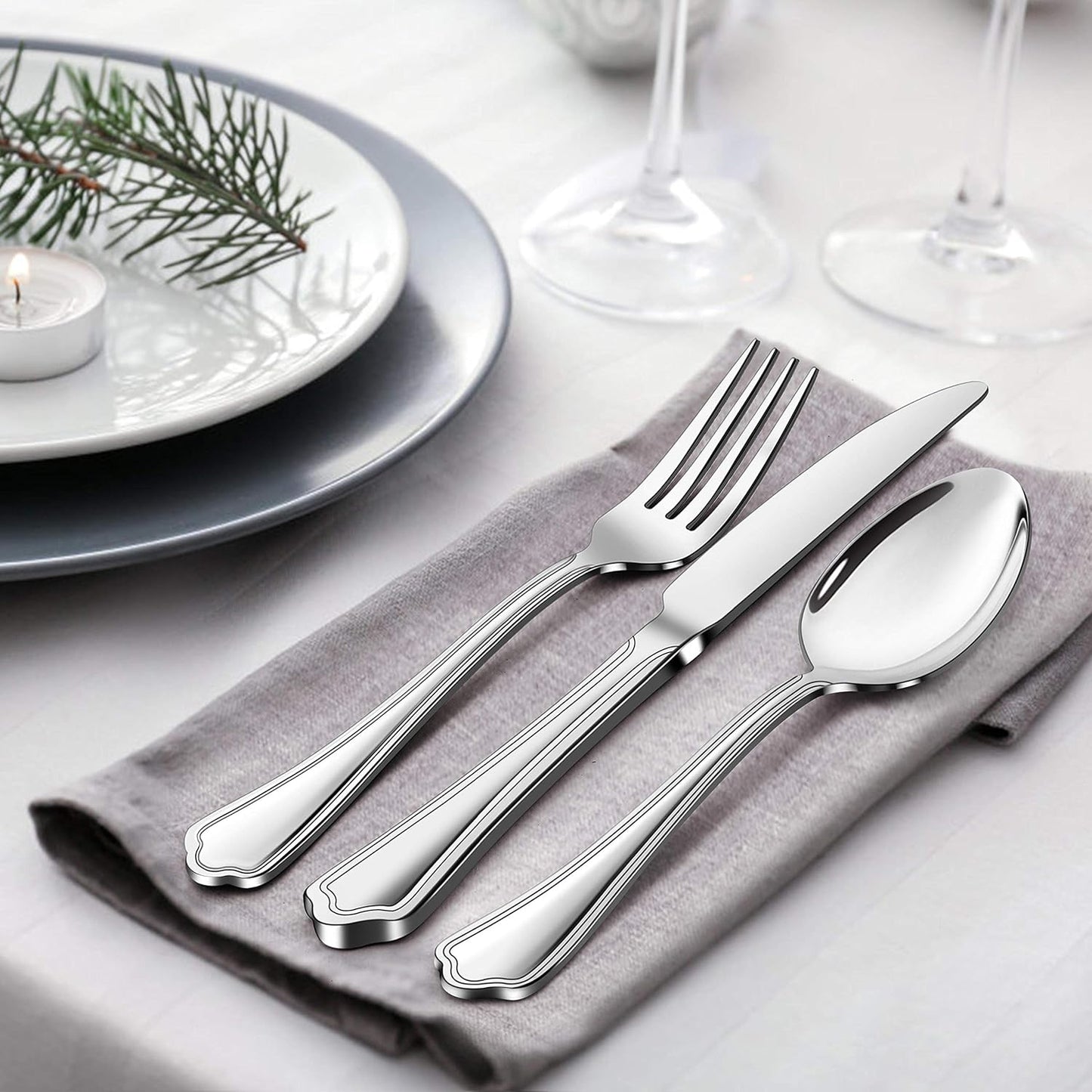 LIANYU 77-Piece Silverware Flatware Set for 12, Plus Steak Knives and Serving Utensils, Stainless Steel Flatware Cutlery Set, Eating Utensils Tableware with Scalloped Edge, Dishwasher Safe