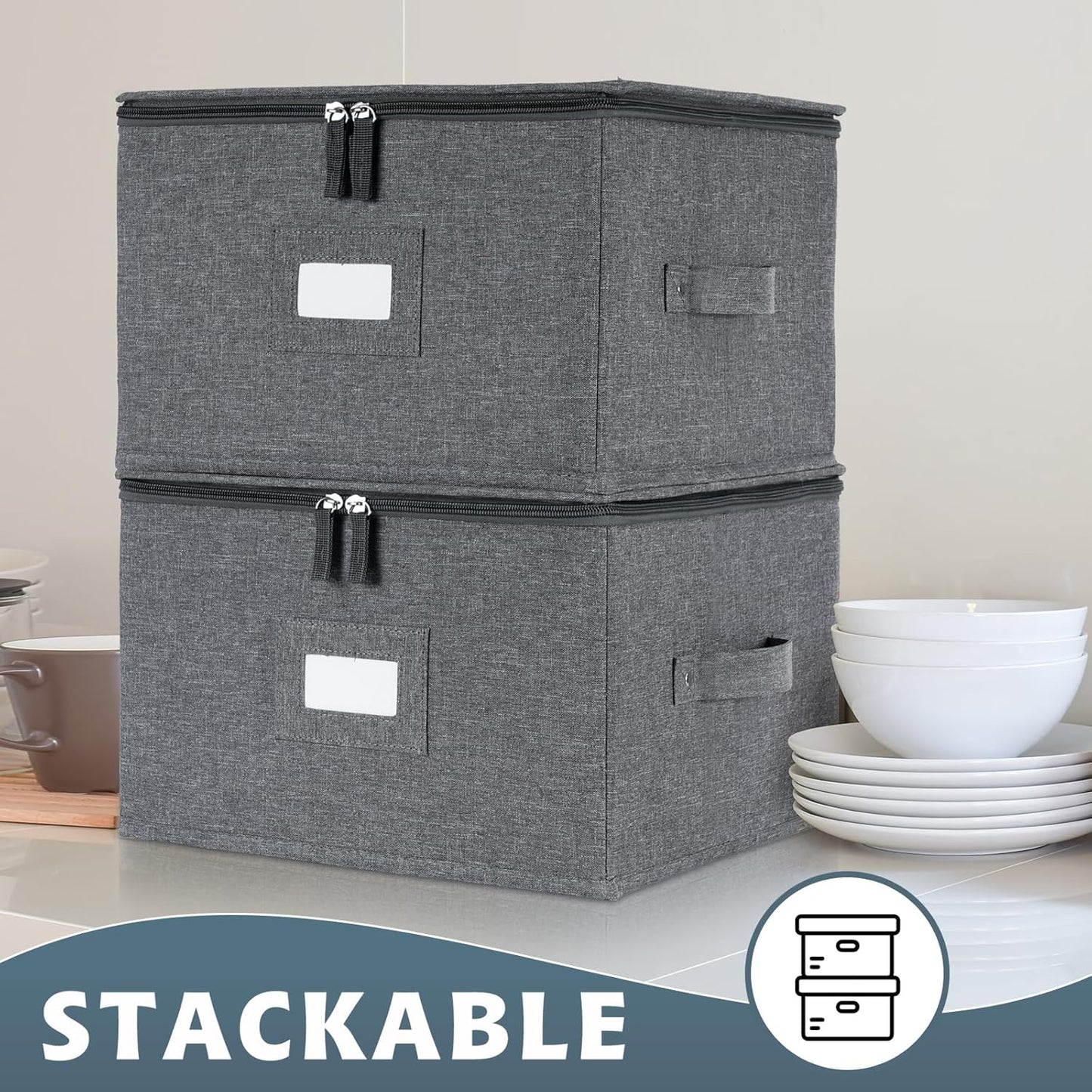 popoly China Storage Containers Inside 12" W x 8" H, Dinnerware Storage Box for Dishes Plate Storage with 24 Felt Dividers, Hold 24 Plates, Hard Shell and Stackable(4PACK