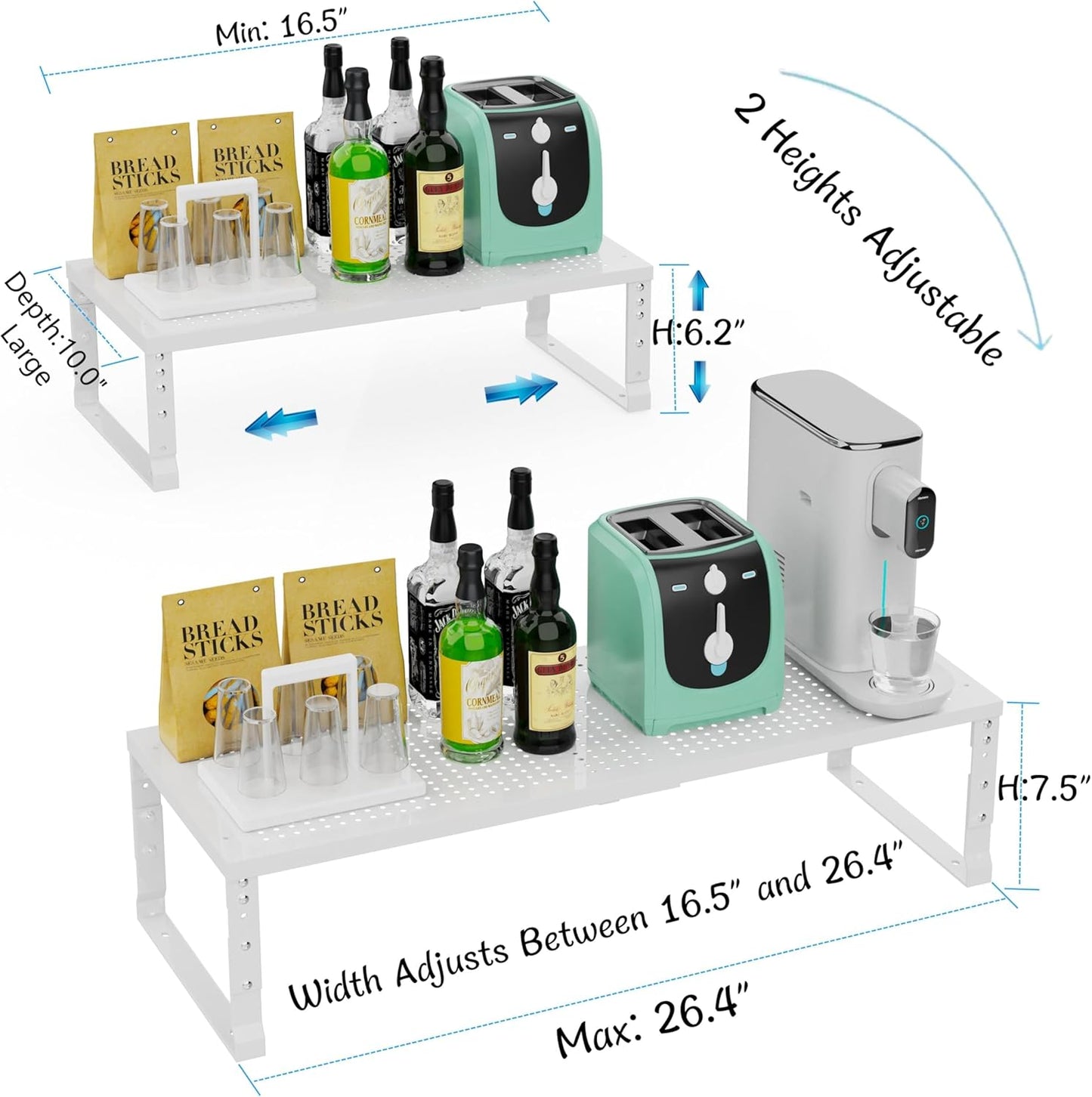 Expandable Spice Rack & Kitchen Cabinet Organizer - Stackable, Adjustable Shelves for Cabinets, Countertops, Cupboards & Pantries(2 Packs/Large/White)
