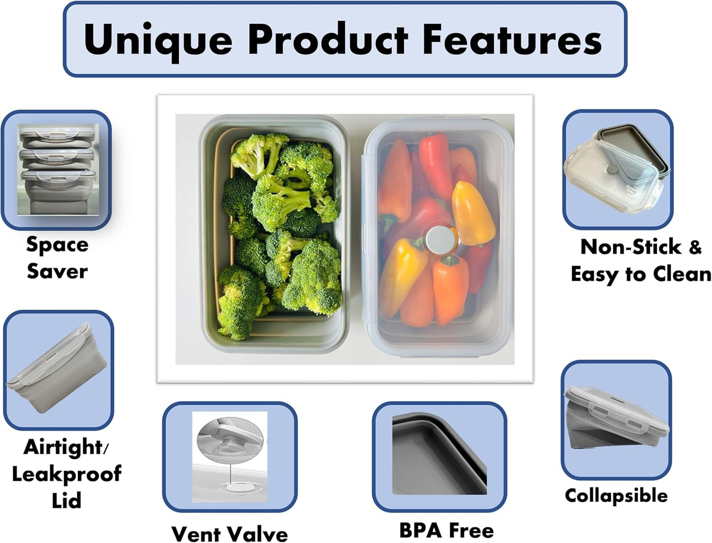 Cocina Vida Collapsible Silicone Food Storage Containers with Airtight Lids | Kitchen Stackable Lunch Box Microwave Dishwasher Safe| Set of 4 Silicone Food Storage Containers