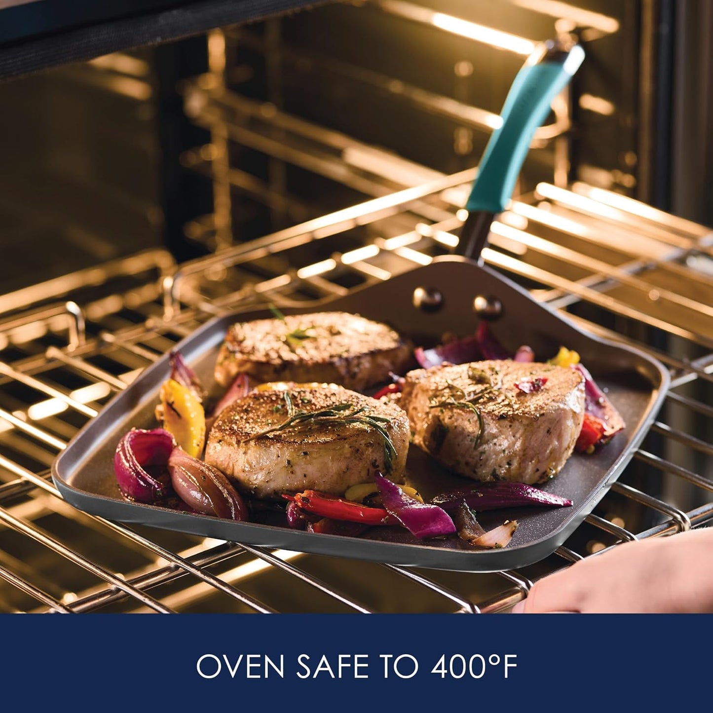 Rachael Ray Cucina Hard Anodized Nonstick Griddle Pan/Flat Grill, 11 Inch, Gray with Agave Blue Handle