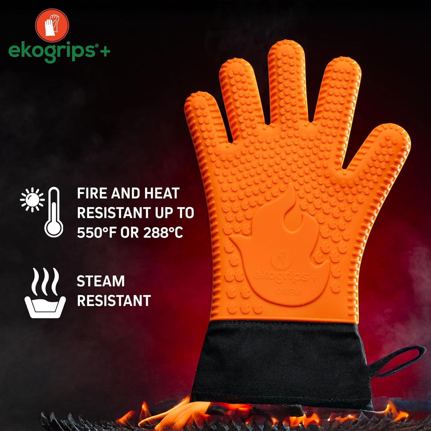 Ekogrips Plus Oven Gloves with Fingers, Comfy Waterproof Silicone Oven Mitts Heat Resistant with Long Cuff, Insulated BBQ Gloves Perfect for Grilling, Baking, Smoker, Canning, and Pizza, Black, OSFM
