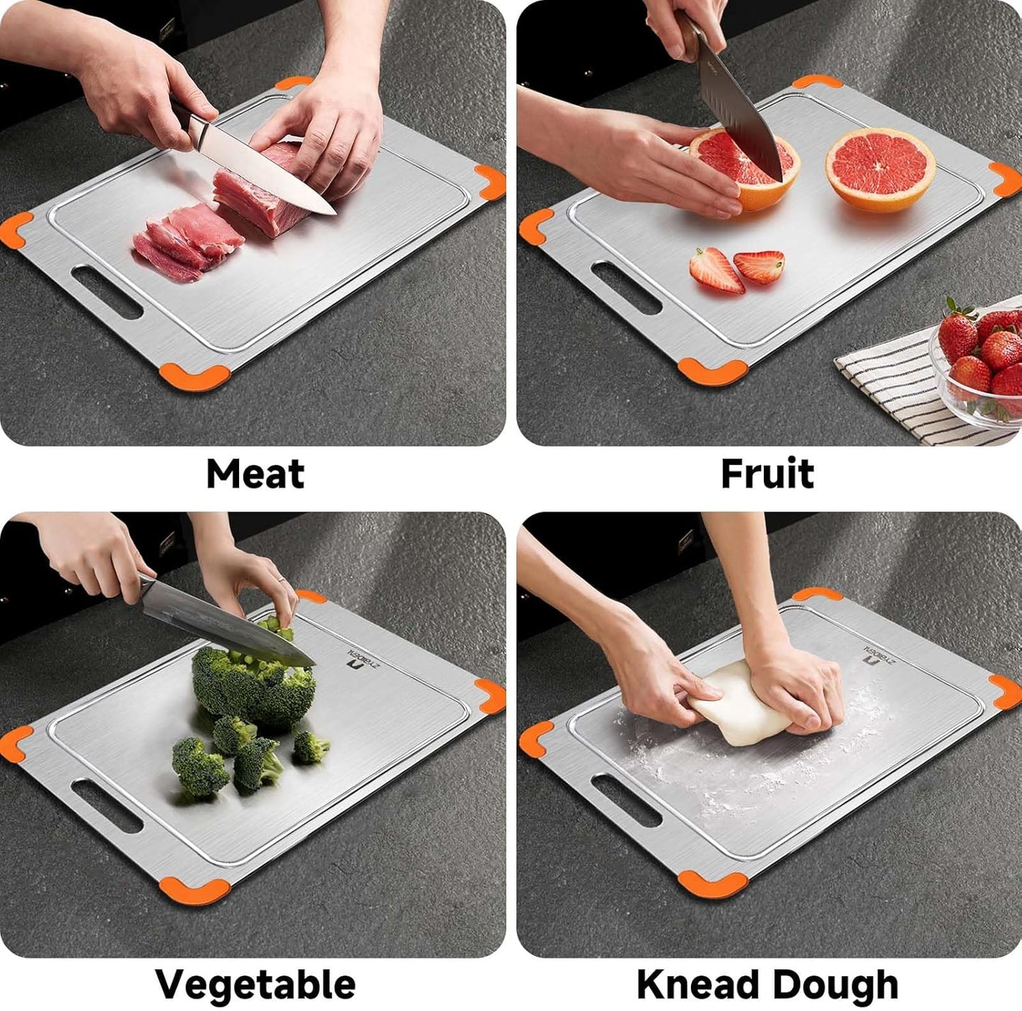 100% Pure Titanium Cutting Board with Grooves, Update Double Side Titanium Chopping Board, Silicone Anti-slip Stainless Cutting Boards for Kitchen 10 * 14 IN, Orange
