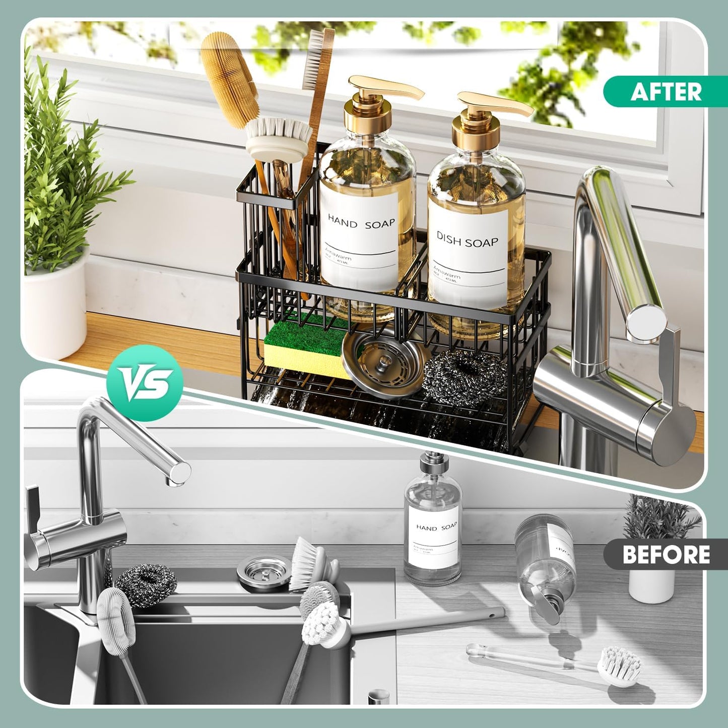 Sponge Holder for Kitchen Sink, 2 Tier Sink Caddy Organizer with High Brush Holder, Self-Draining Sponge Holder for Sinks, Soap Dispenser Organizer, Rustproof 304 Stainless Steel, Black