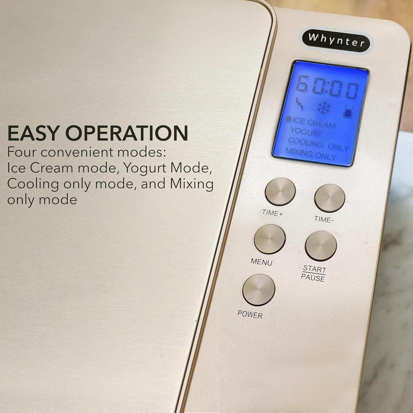 Whynter Ice Cream Maker Machine & Yogurt Automatic 2 Qt. with Built-in Compressor, LCD Digital Display & Timer, No Pre-Freezing, ICM-220CGY, Champagne Gold