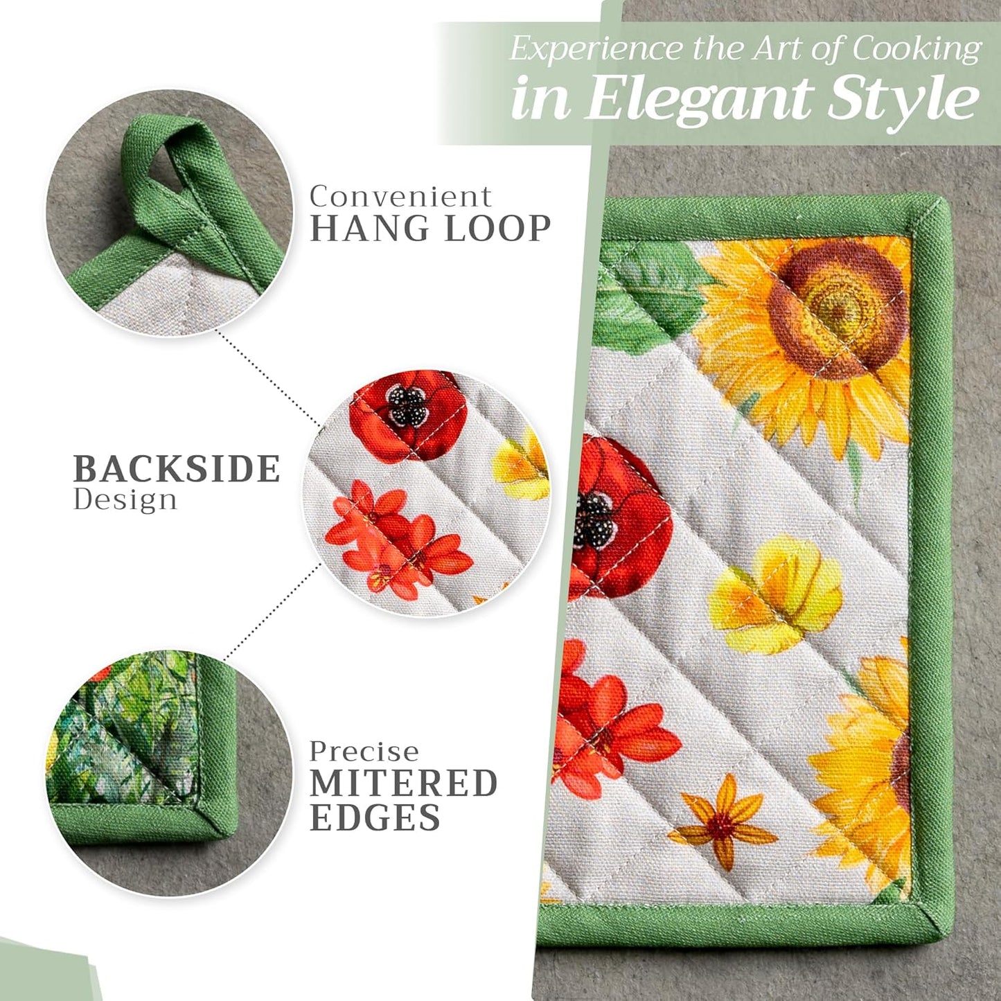 Maison d' Hermine Pot Holders Set 100% Cotton Heat Resistant Potholders 8" x 8" Hot Pads with Loop BBQ, Cooking, Baking, Grilling, Kitchen, Handling Hot Pans Spring/Summer (Pack of 2, Basse Cour)