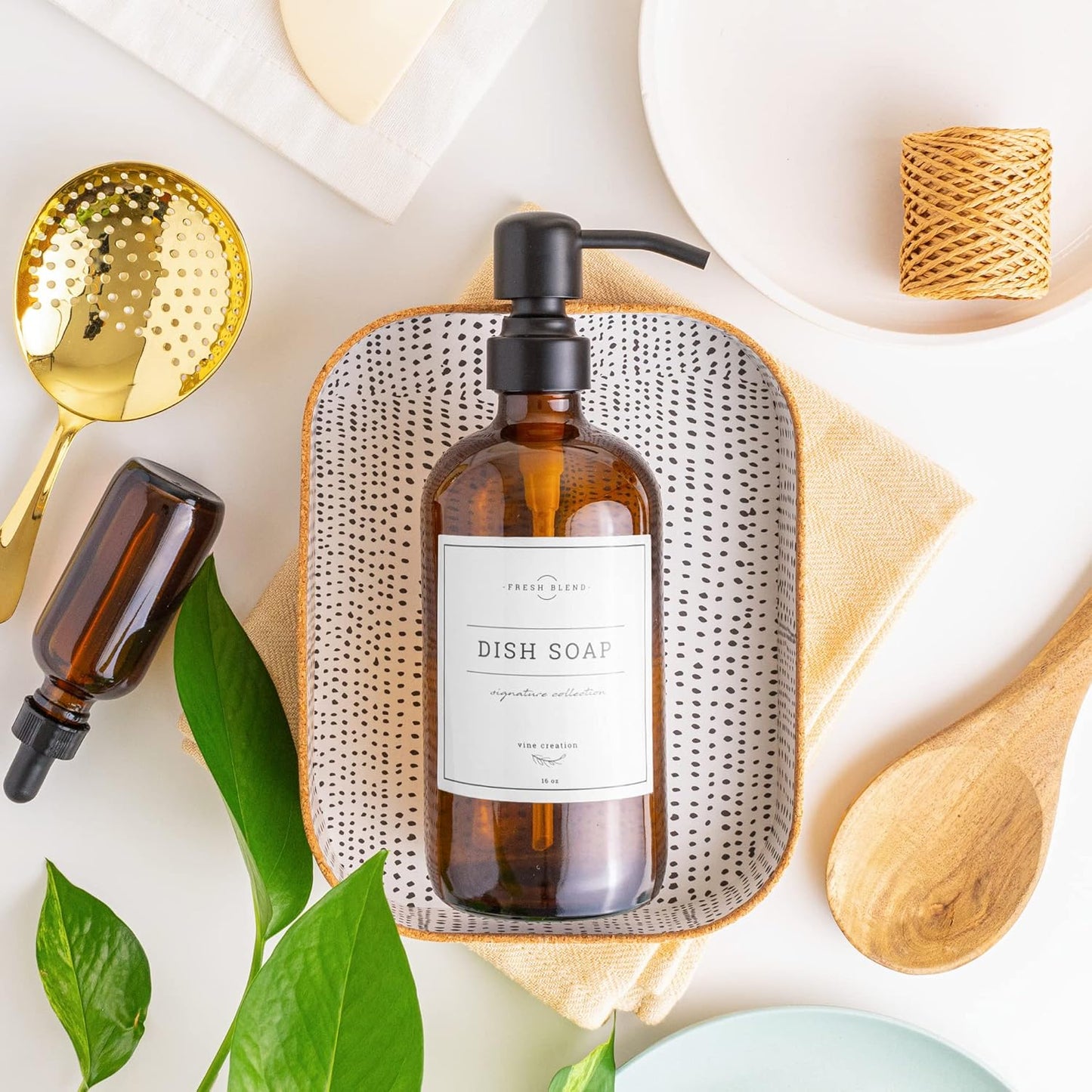 Vine Creations Amber Glass Soap Dispenser, 2 Pack Kitchen Soap Dispenser Set with Stainless Steel Pump, 16 oz Dish Soap and Hand Soap Dispensers for Bathroom with Waterproof Labels