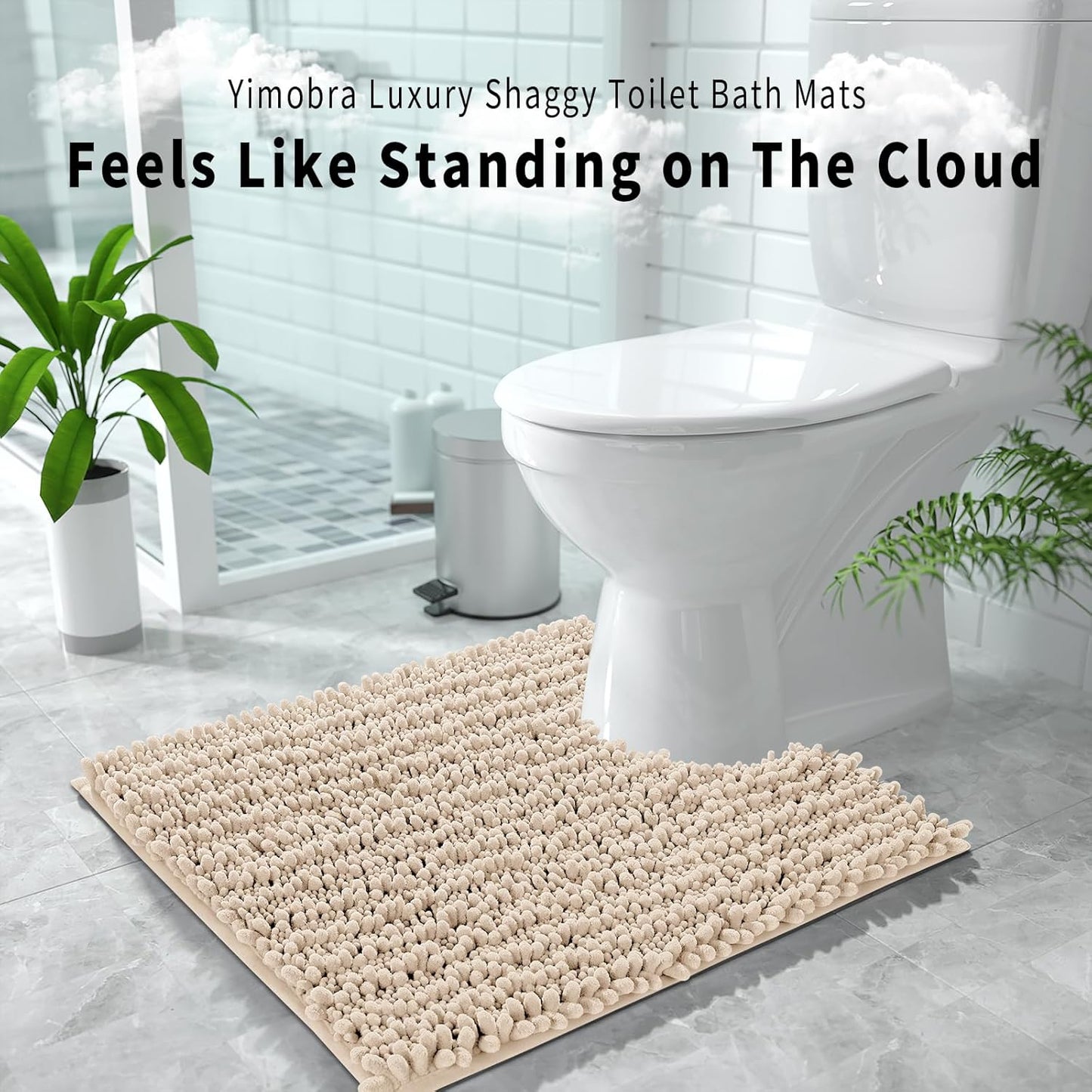 Yimobra Toilet Rug U Shaped Washable 24x20 Inch - Ultra Soft Absorbent Chenille Bath Rugs for Toilet, Quick Dry & Machine Washable, Non Slip Contour Bathroom Mat, Light Brown