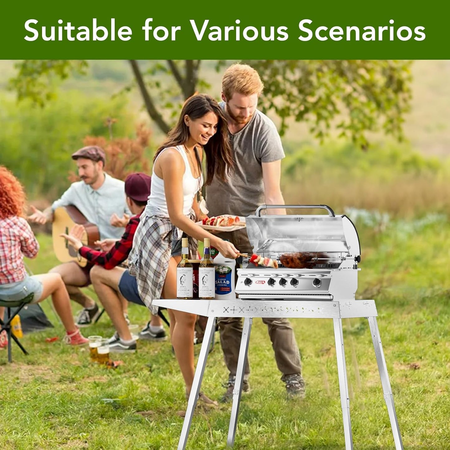 Food Grade 304 Stainless Steel BBQ Grill Table fits Tabletop Griddle, Outdoor Grill Table with 4 Foldable Legs, Portable Grill Stand for RV, Camping, Tailgating