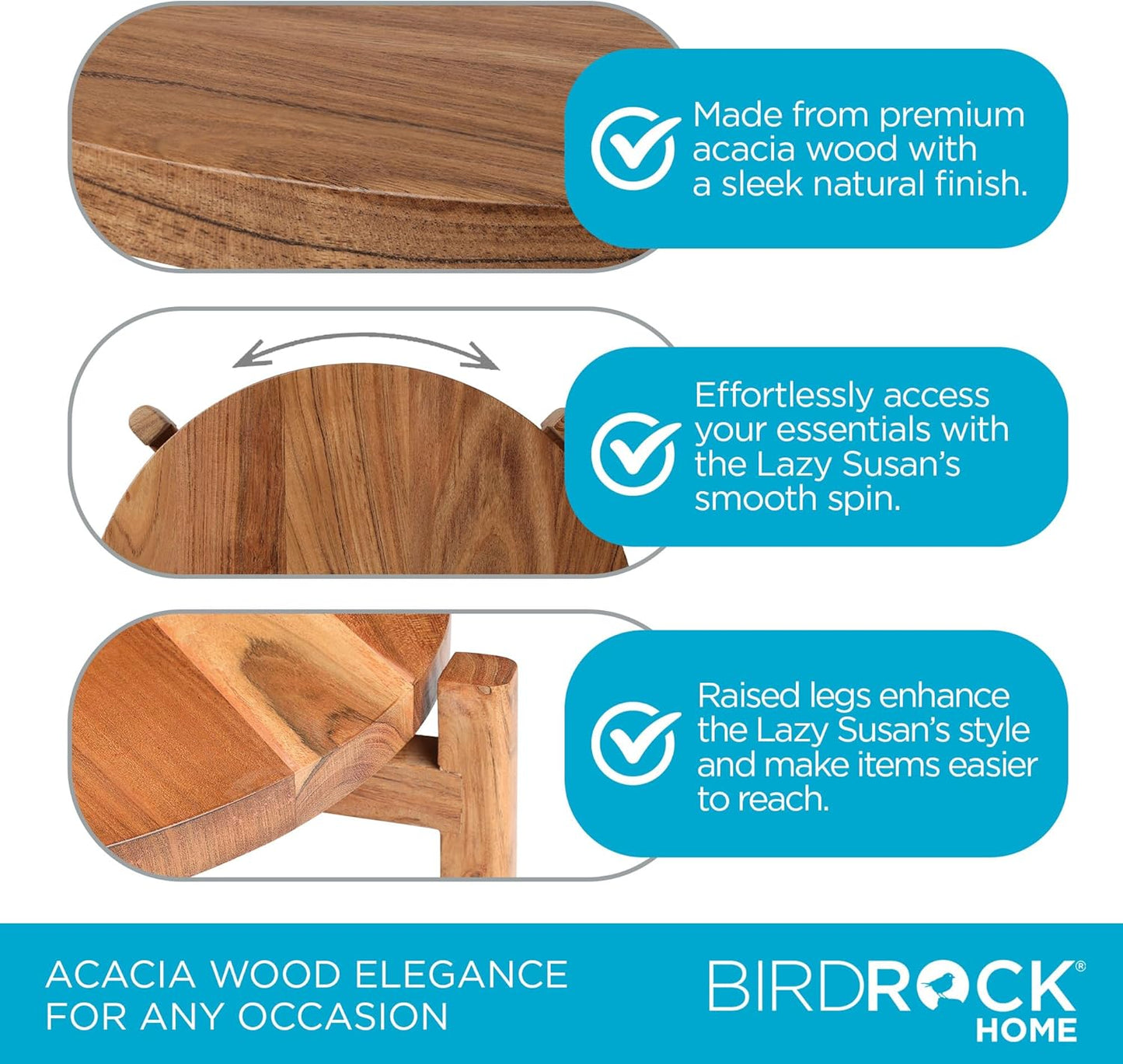 BIRDROCK HOME Elevated Lazy Susan | Rotating Acacia Wood Platter with Raised Legs | Ideal for Serving, Organizing, and Decor | Smooth 360° Rotation (Natural, Medium)