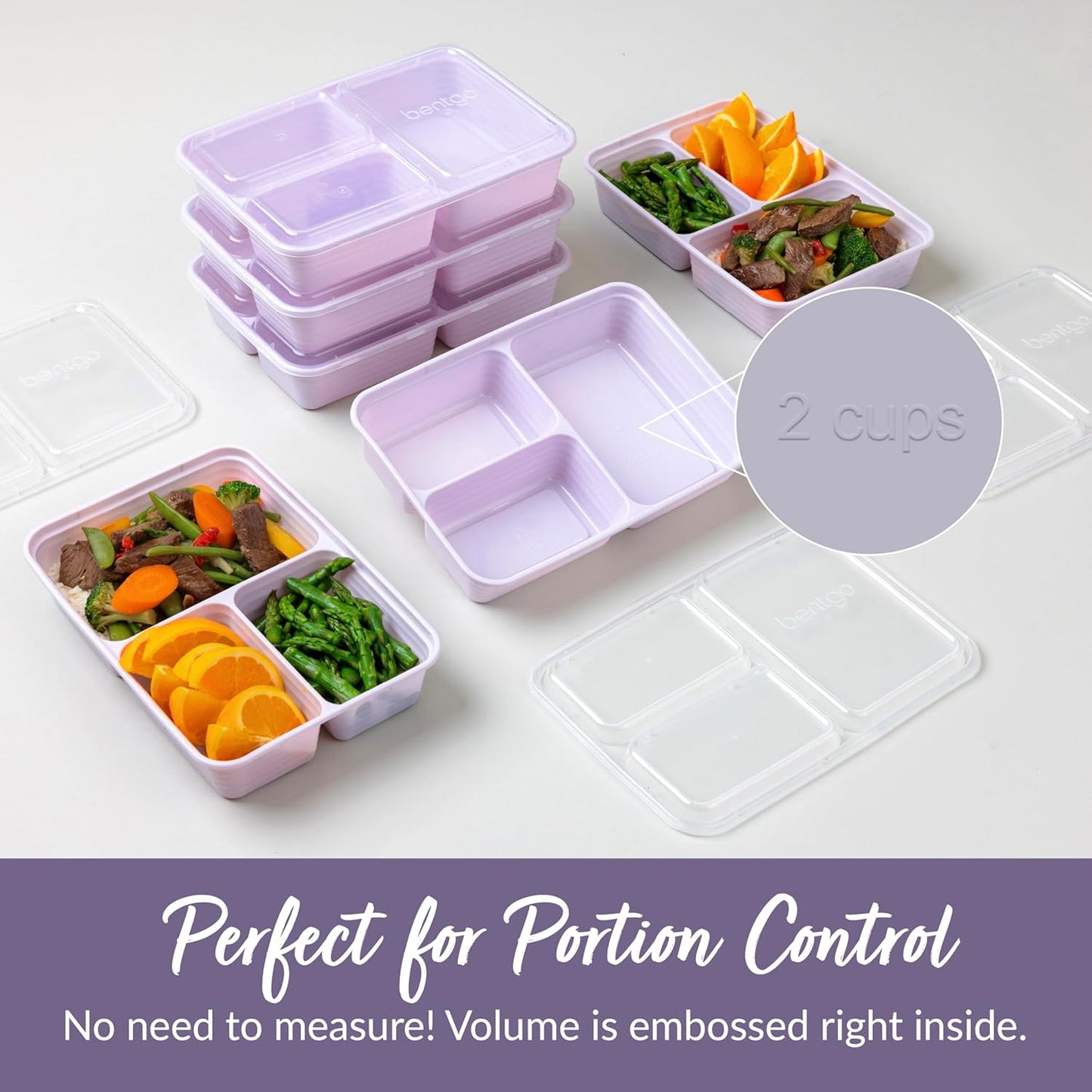 Bentgo Prep - 20-Piece 3-Compartment Reusable Meal Prep Containers with Lids, PFAS & BPA Free Materials, Durable, Microwave, Freezer, & Dishwasher Safe To Go Food Storage (Lilac)