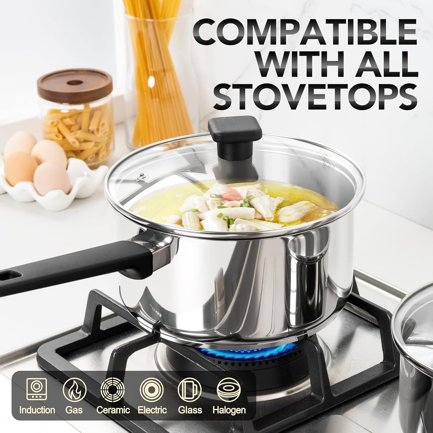 MICHELANGELO Stainless Steel Sauce Pan with Lid 1QT & 2QT & 3QT, TriPly Stainless Steel Saucepans with Straight Bakelite Handle & Square Lid Knob, Nonstick Sauce Pans Set, Induction Compatible