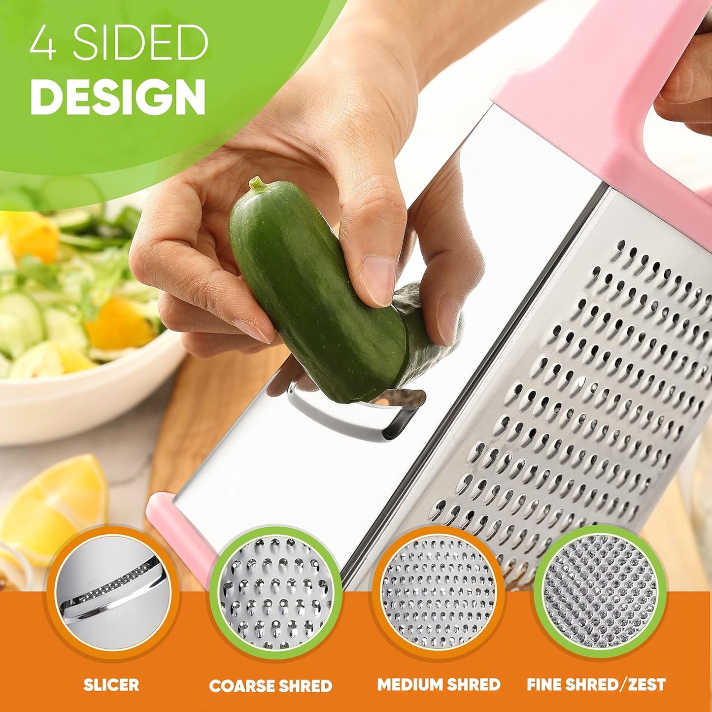 Spring Chef Professional Stainless Steel XL Parmesan Cheese Grater with Handle - 4 Sided Box Grater for Kitchen - Dishwasher Safe Carrot Shredder for Potato, Vegetables, Ginger - Pink Lemonade