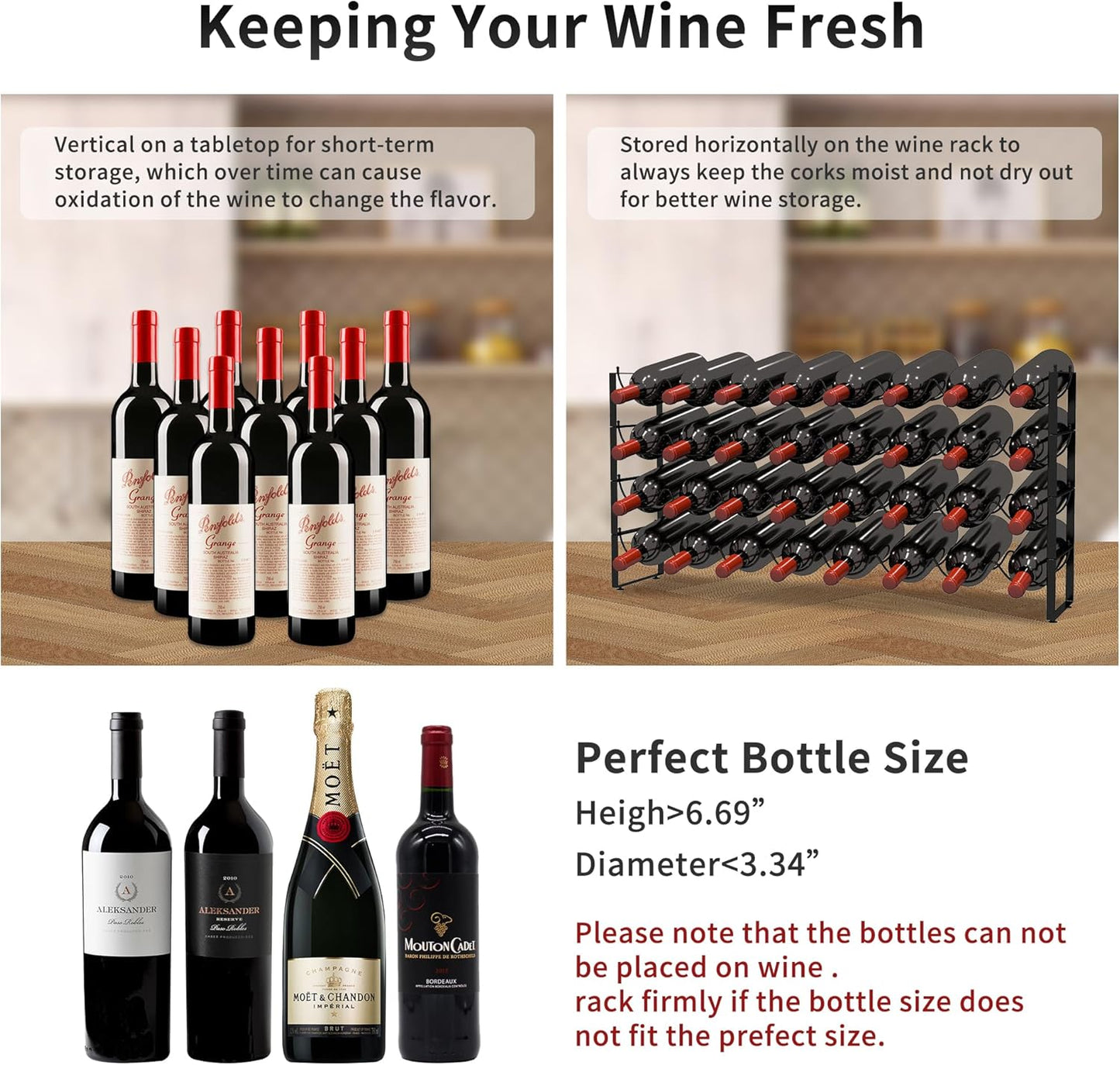 TONLEA 4 Tier Wine Rack, 32 Bottle Storage, Stackable Wine Rack for Cabinet Pantry (Dark Black)