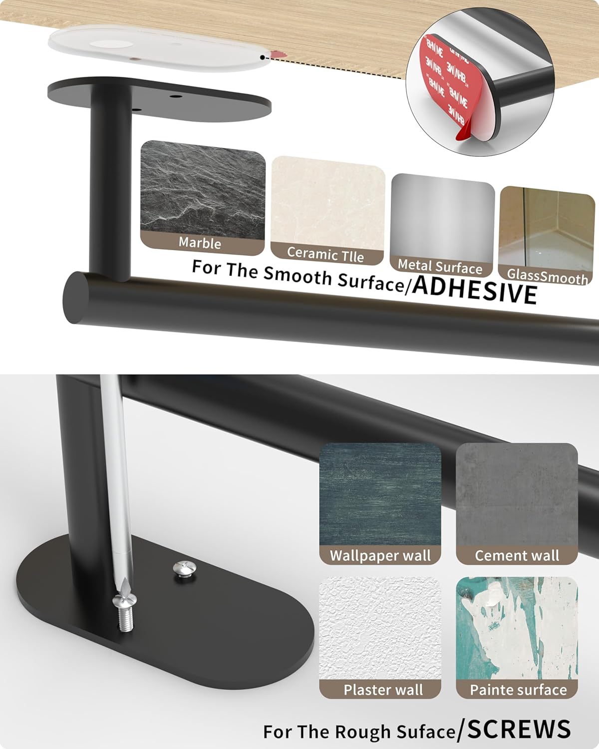 Paper Towel Holder Under Cabinet, Self Adhesive or Wall Mounted SUS304 Stainless Steel Paper Towel Holder for Kitchen, Bathroom(2 Towel Hooks, Matte Black)