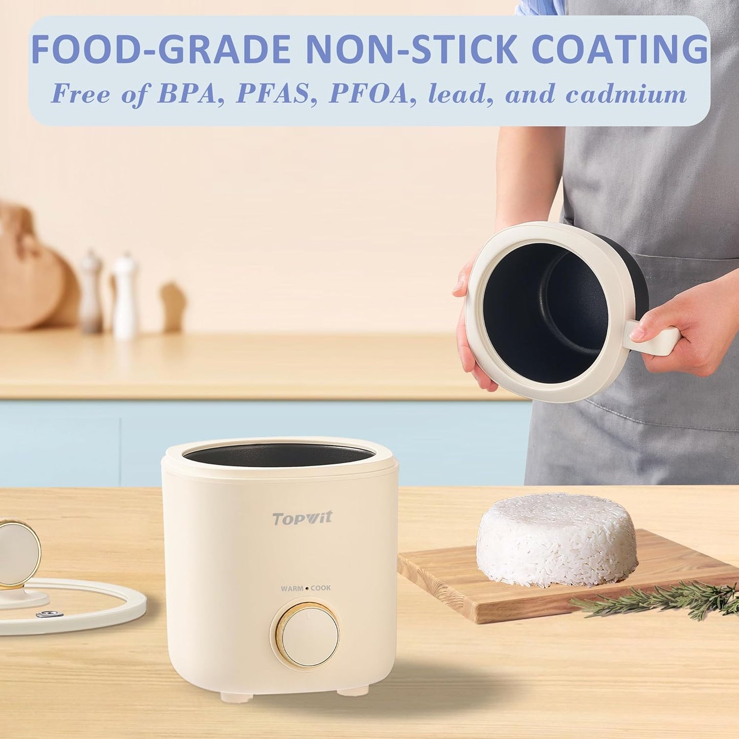 TOPWIT Rice Cooker Small, Mini Rice Cooker 2 Cups Uncooked, 1.2L Portable Rice Maker with Non-stick Coating, BPA Free, One Touch & Keep Warm Function, Beige