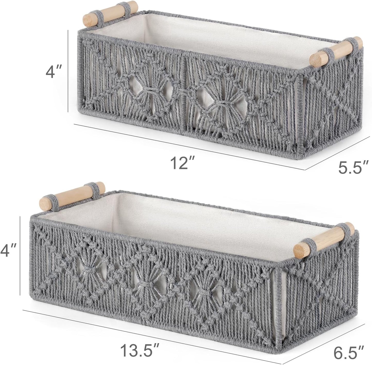Mkono Macrame Storage Baskets Boho Decor Box Handmade Woven Decorative Countertop Toilet Tank Shelf Cabinet Organizer for Bedroom Livingroom Home, Set of 2, Grey