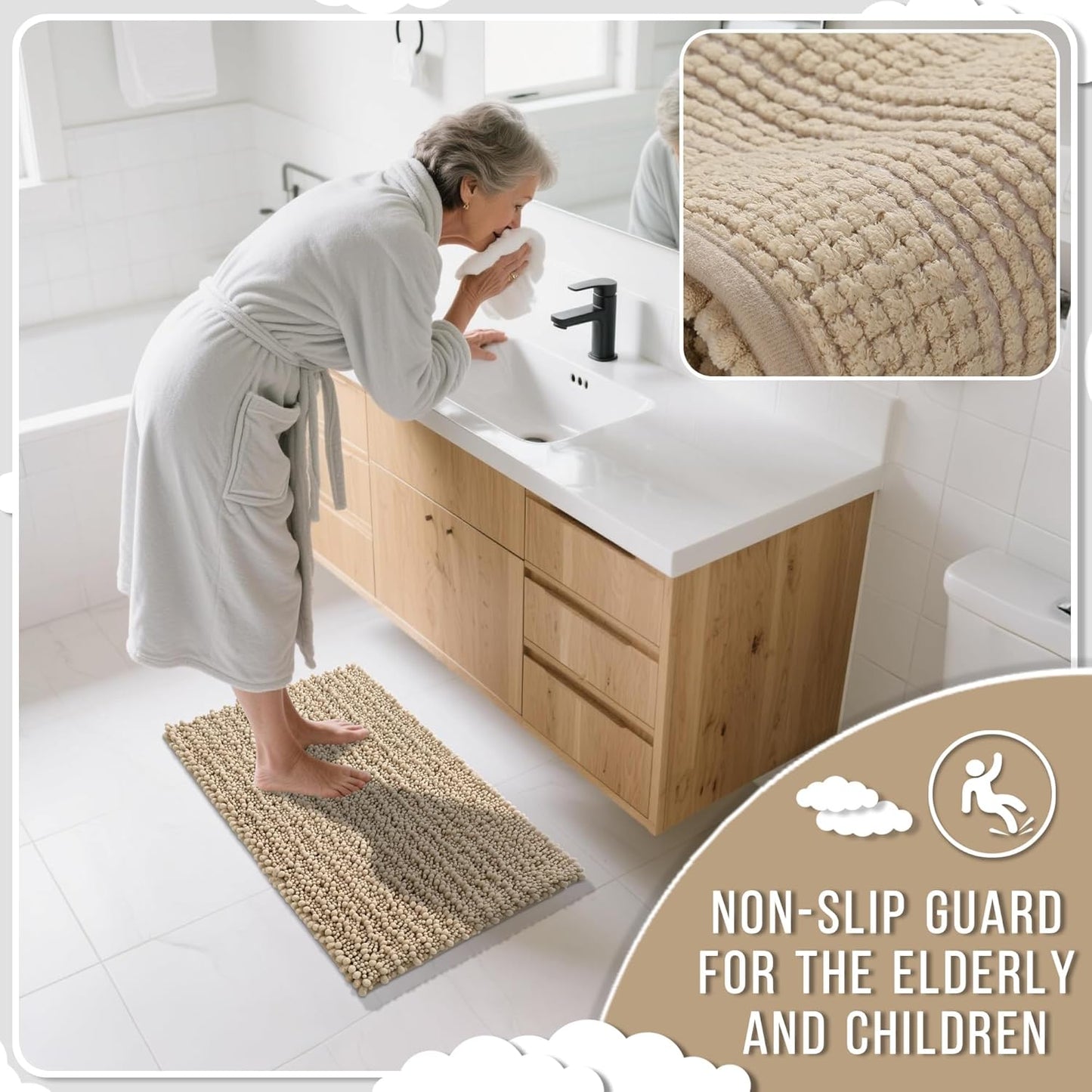 Yimobra Bathroom Runner Rug 55x24 Inch - Extra Long Non Slip Chenille Bath Mat, Soft & Absorbent, Machine Washable Shaggy Hallway Carpet for Vanity Tub Shower, Pale Khaki Home Decor Accessories