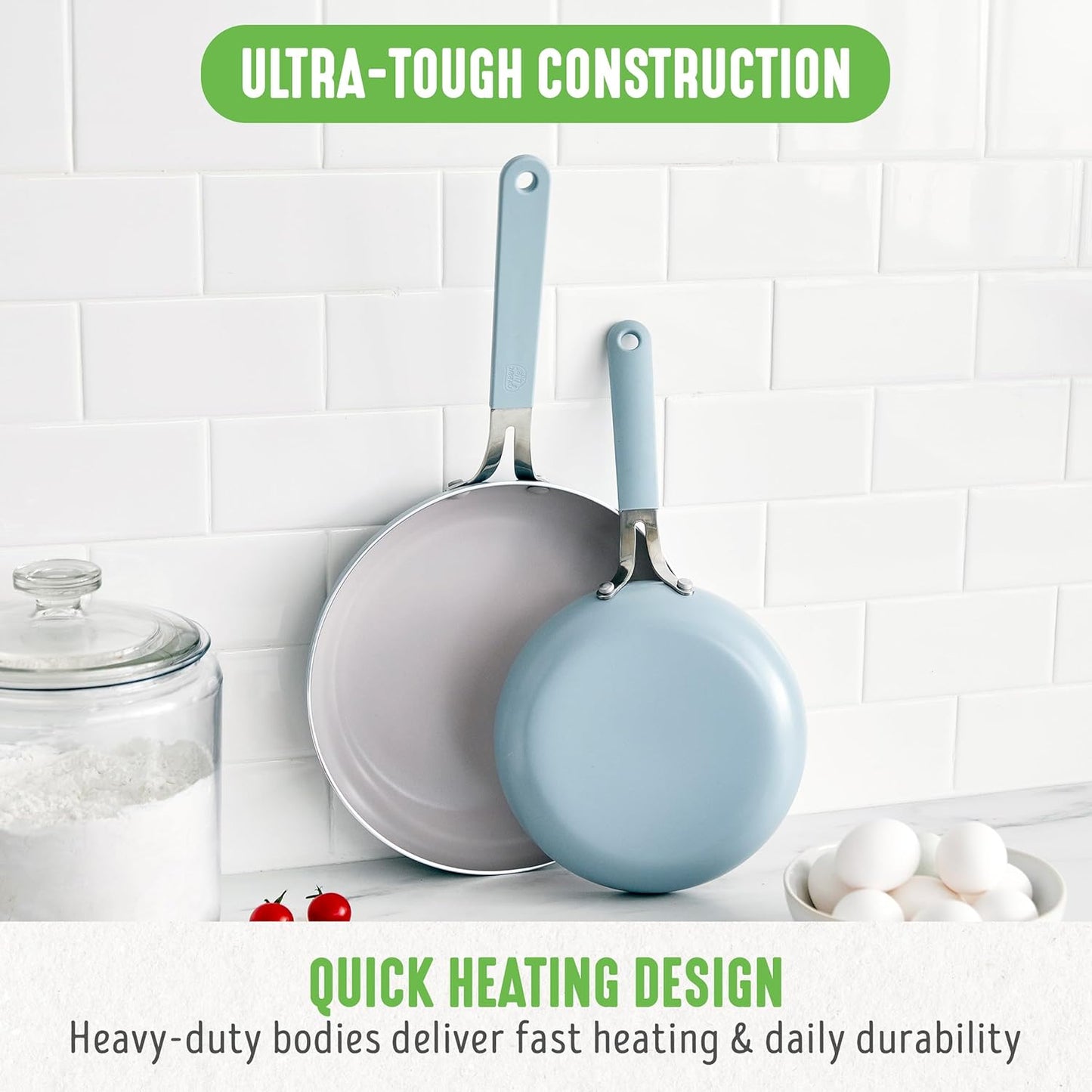 GreenLife 8” & 10” 2 Piece Nonstick Ceramic Frying Pan Set, Lightweight Healthy PFAS-Free Skillets, Dishwasher & Oven Safe, Durable Body, Silicone Stay-Cool Handles, Easy Release, Blue Haze