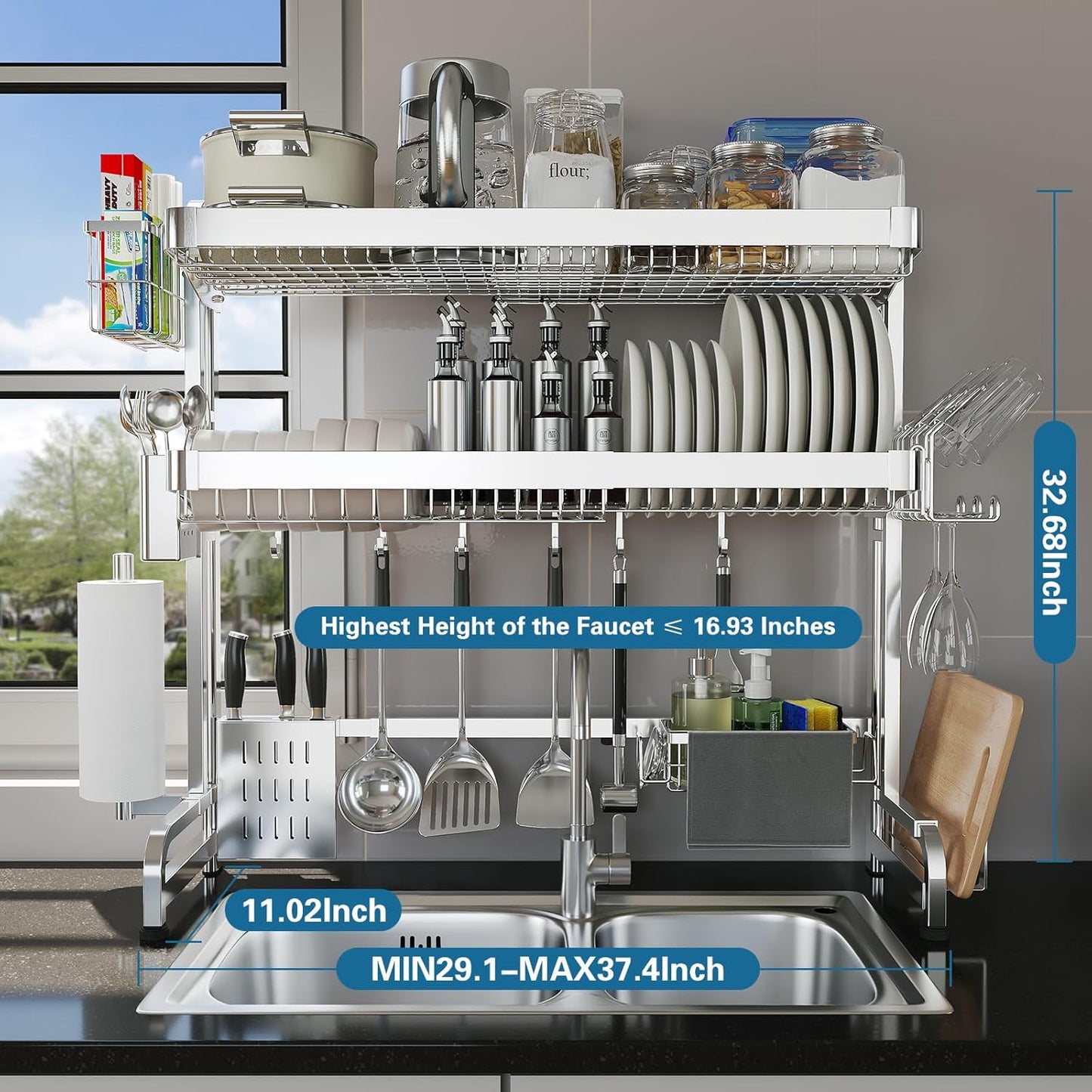 Over The Sink Dish Drying Rack,3 Tier Adjustable Length Full Stainless Steel Large Storage Kitchen Dish Rack,for Kitchen Counter Expandable Multifunctional Organizers,Silver (25.5'' to 37.6'')