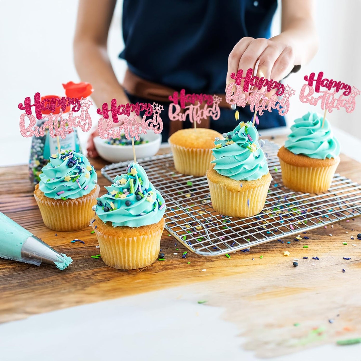 Ephlyn 24Pcs Happy Birthday Cupcake Toppers Double Layer Glitter Happy Birthday Cake Decorations for Celebrating Baby Shower Theme Kids Boys Girls Birthday Anniversary Party Supplies Rose Red Pink