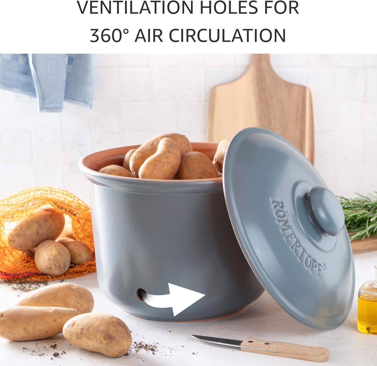 Romertopf Freshness Storage Potato Onion Garlic Clay Pot Set of 3 with Lids - Blue-gray