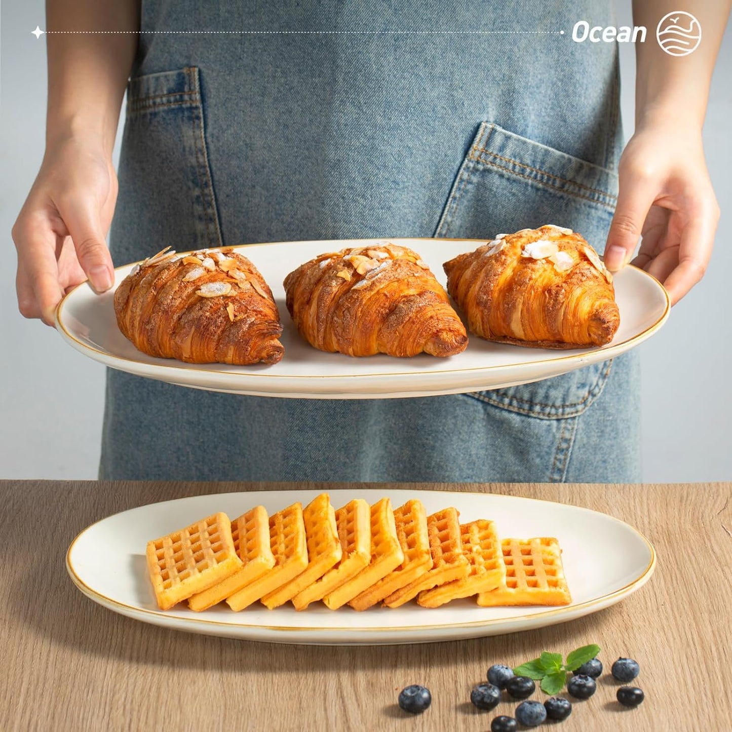 famiware Serving Platter, Oval 15.59/14.3/12.9inch Serving Dishes for Entertaining, Serving Bowls, Microwave Safe, Stoneware Serving Trays for Party, Food, Turkey, Cheese, Ocean Series, Vanilla White