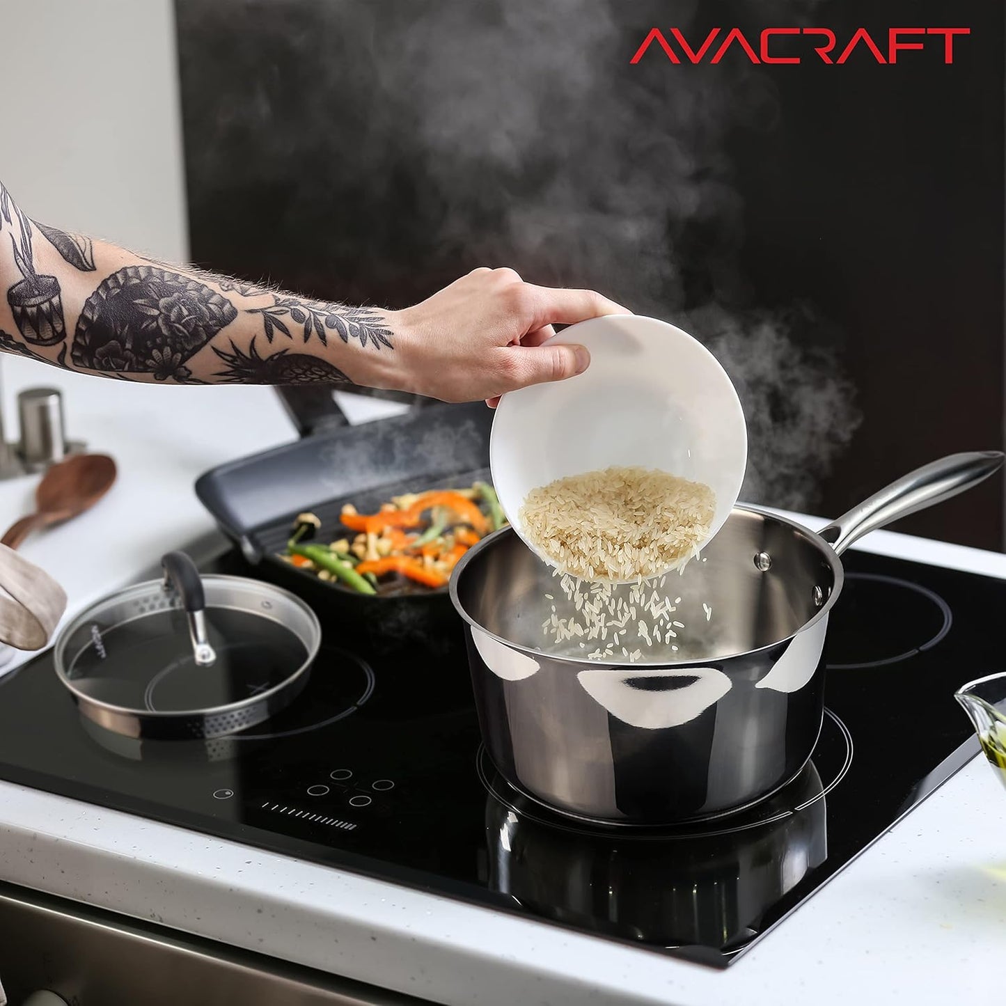 AVACRAFT Stainless Steel Saucepan with Glass Lid, Strainer Lid, Two Side Spouts for Easy Pour with Ergonomic Handle, Multipurpose Sauce Pan, Sauce Pot (5-Ply Capsule Bottom, 3.5 Quart)