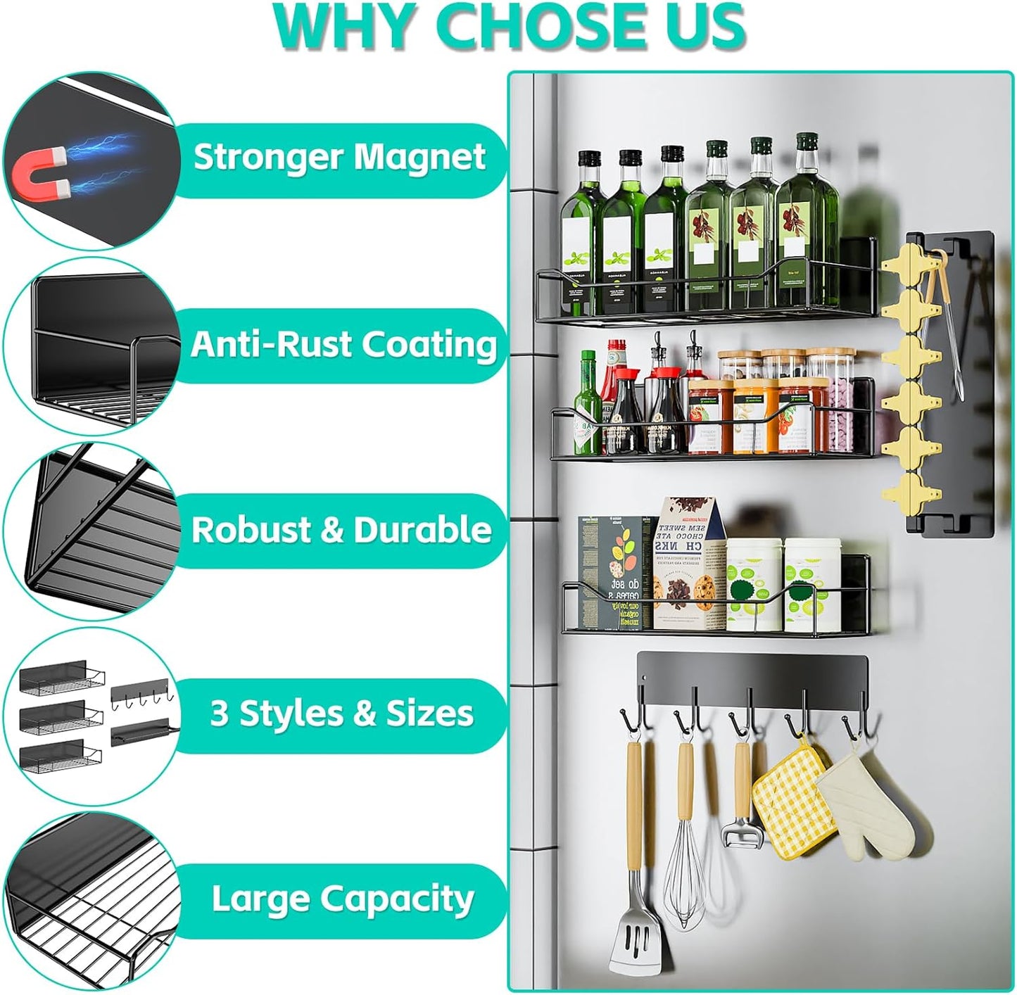 5 Pack Multifunctional Magnetic Shelves for Refrigerator Spice Rack & Washing Machine Organize, Include Towel Rack, Kitchen Utensil Hanger and Hooks, Strong Magnet for Secure Hold (Line style, Black)