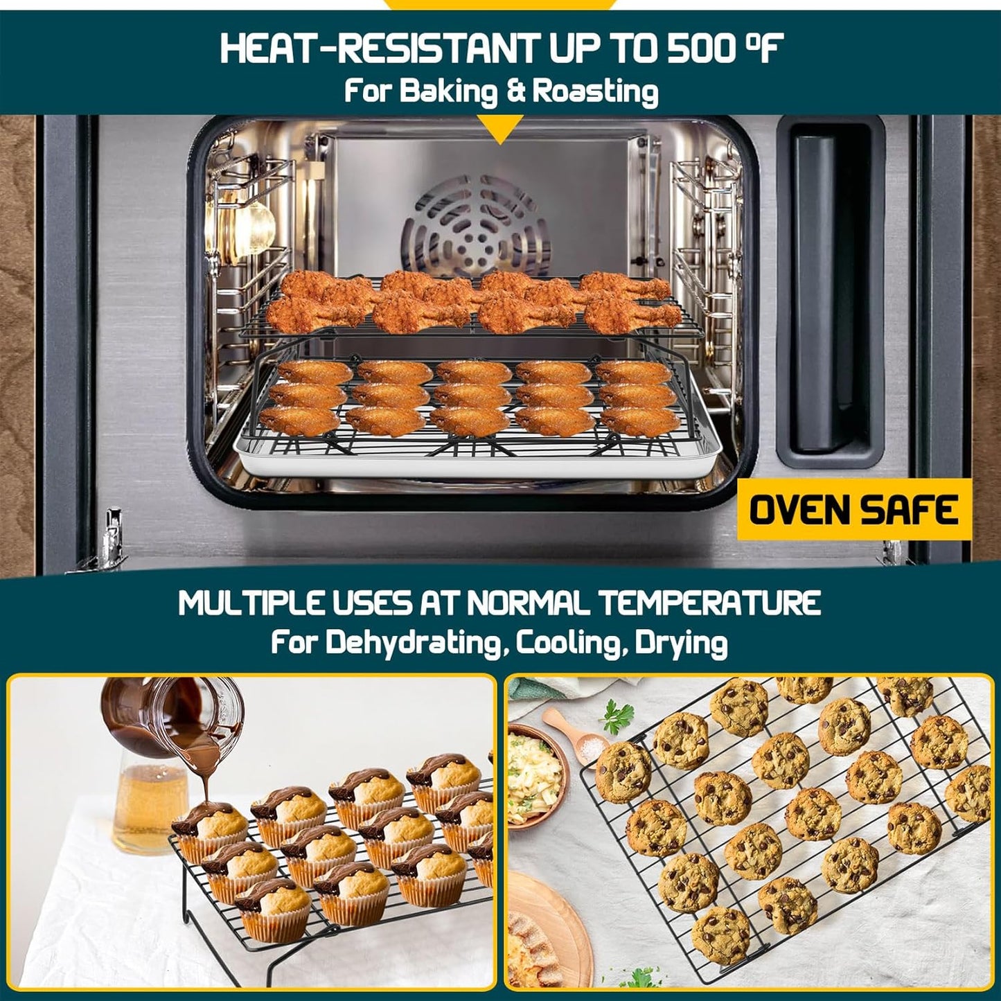 P&P CHEF Cooling Rack, 5-Tier Stainless Steel Stackable Baking Cooking Racks for Cooling Roasting Grilling, Collapsible & Heavy Duty, Oven Safe & Easy Clean, 15" x 10", Black