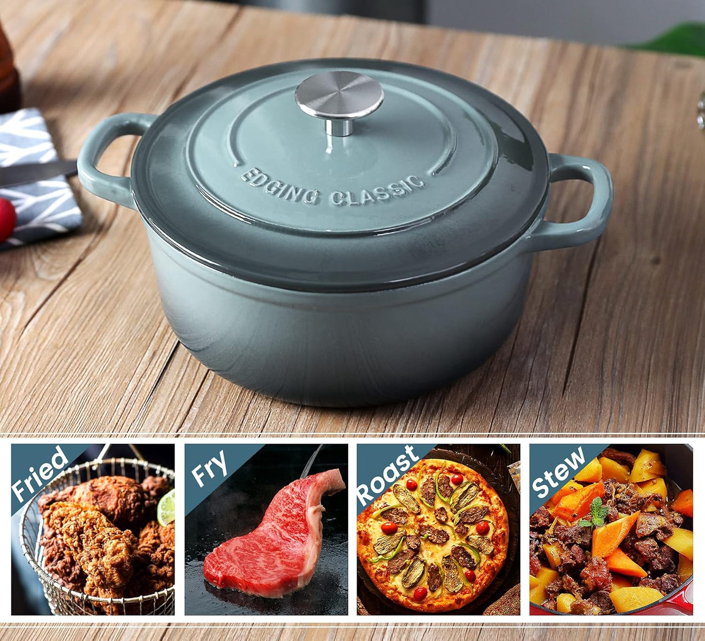Enameled Cast Iron Round Dutch Oven with Lid Dual Handle Pot Bread Ovens, 7 Quart, Slateblue