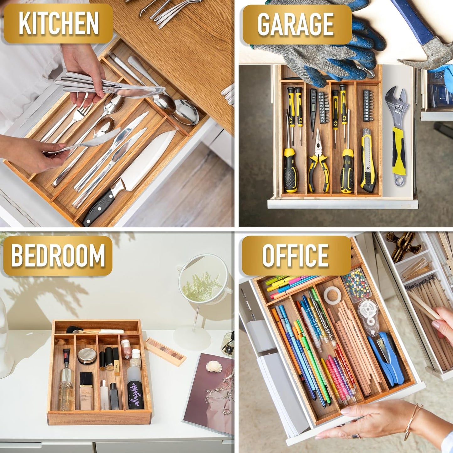 Silverware Organizer Kitchen Drawer Organizer Utensil Organizer Acacia Silverware Holder Cutlery Organizer in Drawer Flatware Organizer Tray(5 slots, Acacia