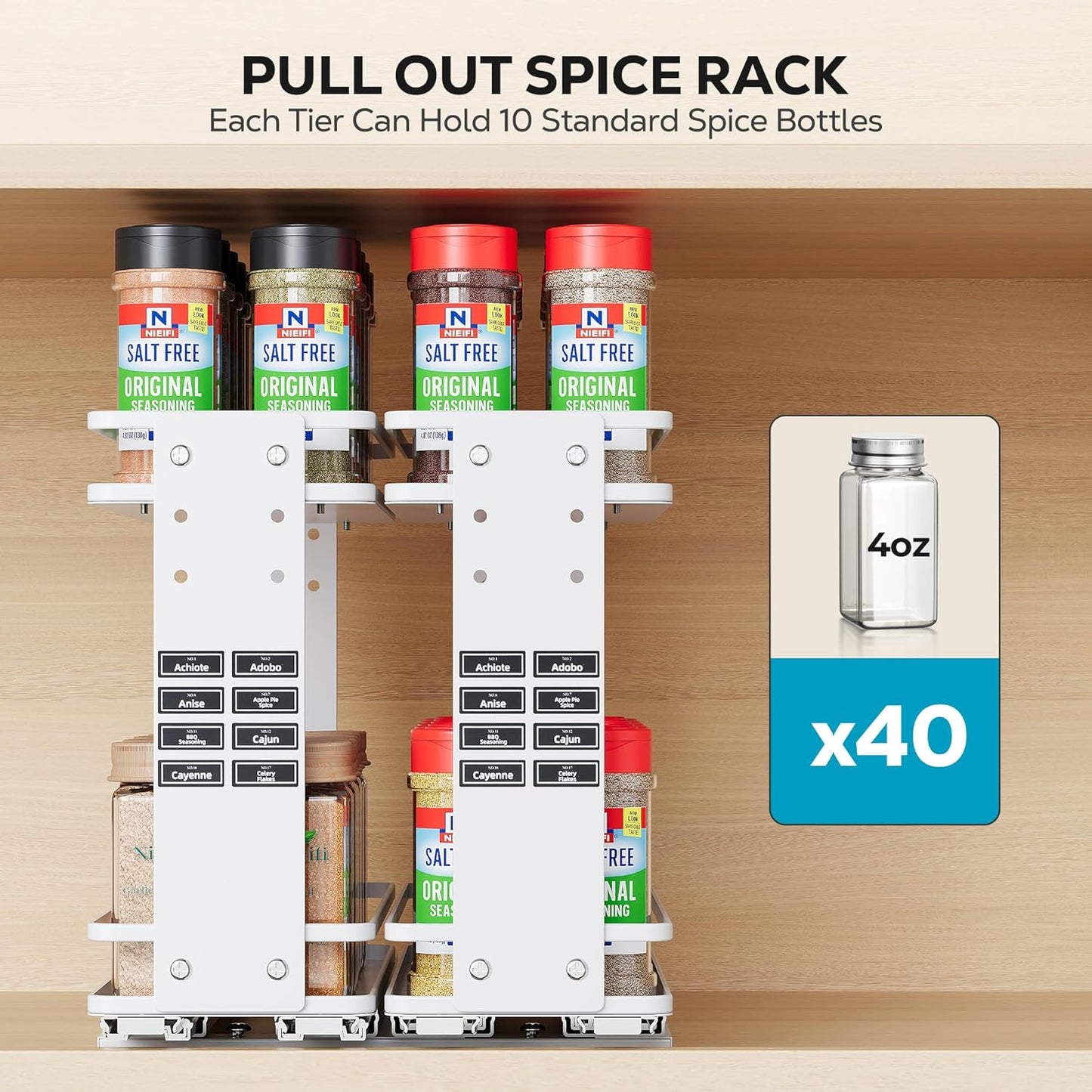 Nieifi Pull Out Spice Rack Organizer, 2 Tiers, White, Spice Organization for Cabinet, Height Adjustable, Easy to Install