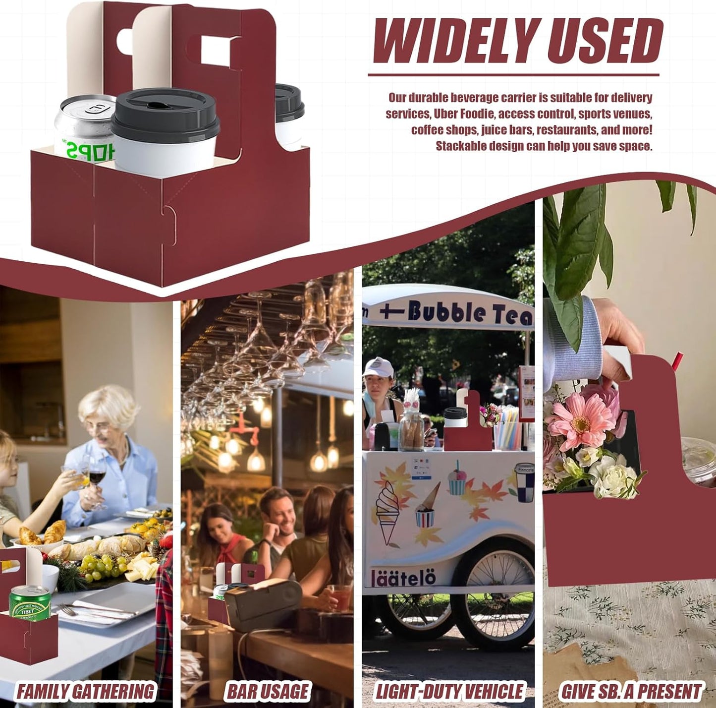 2 Cup Disposable Drink Carrier for Delivery with Handle,15 Count Wine Paperboard Cup Holder,Cup Carriers for Hot or Cold Drinks,Coffee Carrier, Food Delivery,Take Out Cup Carriers (Wine Red, 15 PCs)