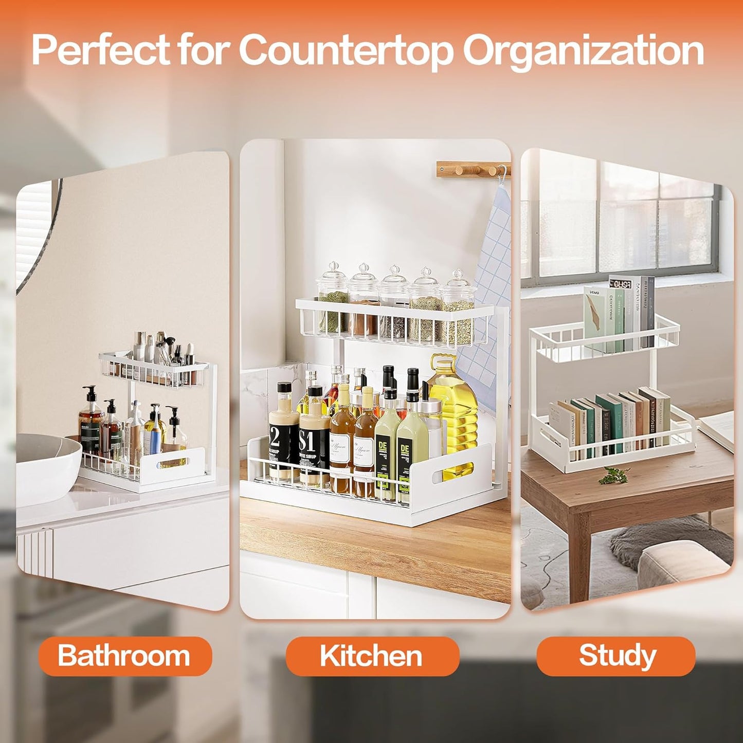 VUSIGN Under Sink Organizer, 2 Tier Pull Out Bathroom Cabinet Organizer, Under Kitchen Sink Organizers and Storage, Under Sink Shelf,1 Pack, White