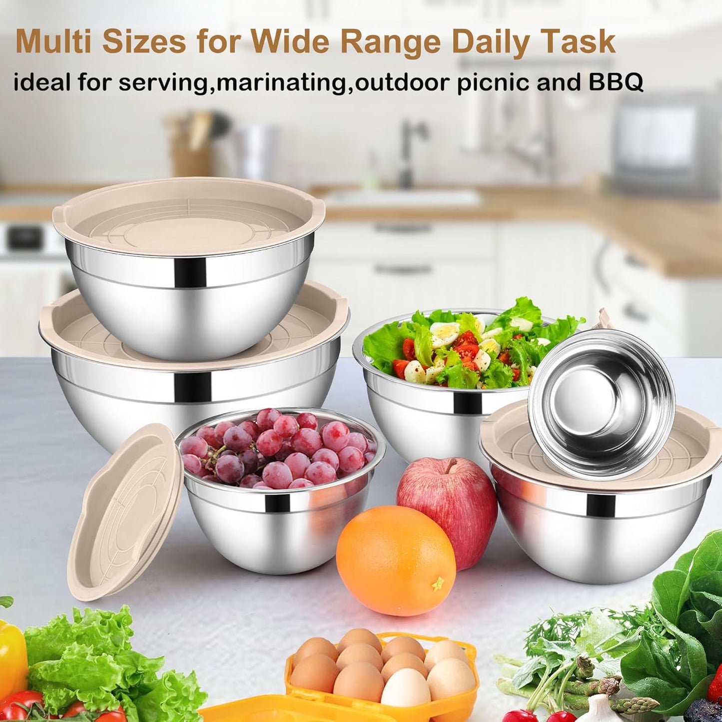 LIANYU Mixing Bowls with Airtight Lids Set, 6 Piece Stainless Steel Metal Kitchen Nesting Bowl, Size 7, 3.5, 2.5, 2, 1.5, 1QT for Prepping, Baking & Food Storage, Dishwasher & Freezer Safe, Khaki