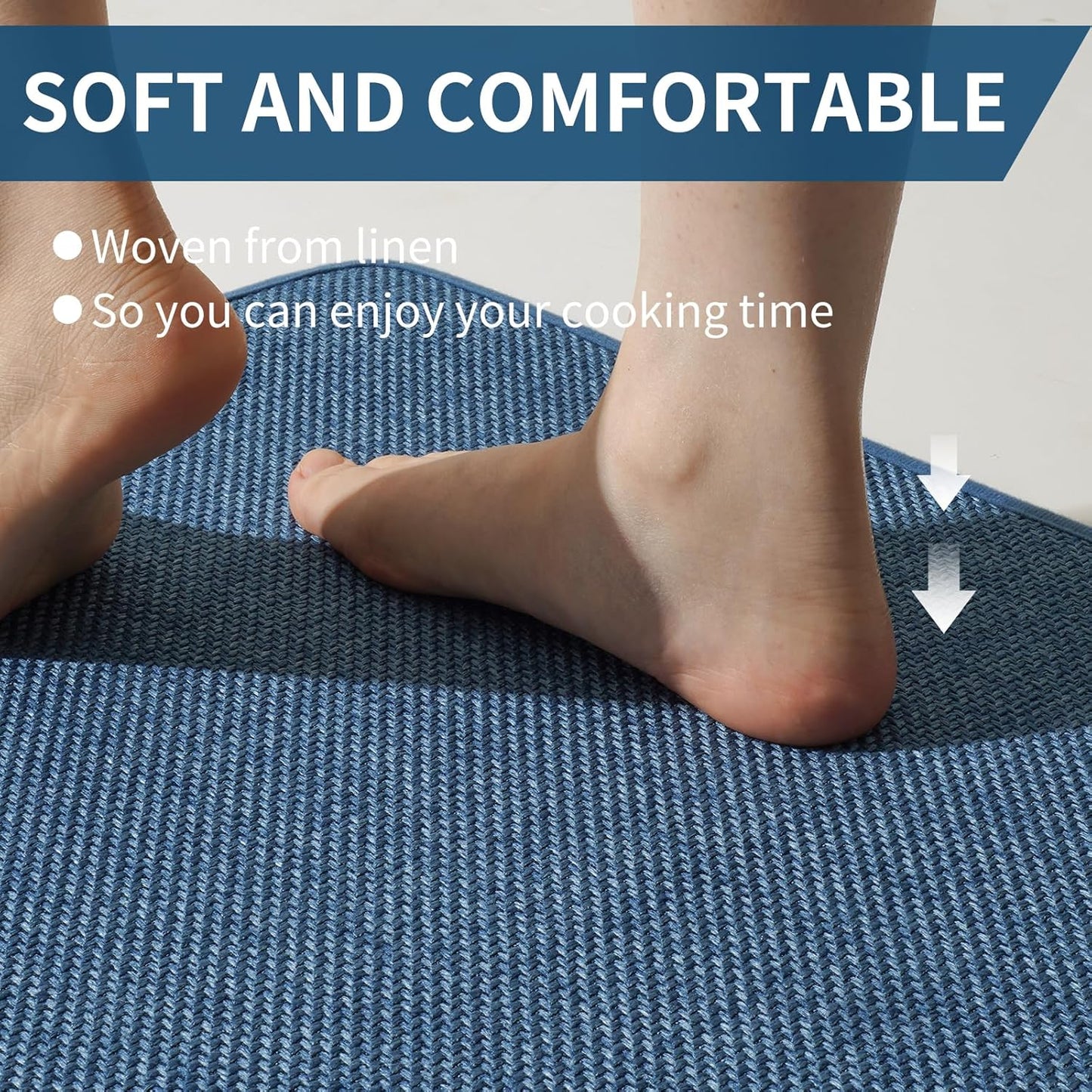 Kitchen Mats for Floor, Super Absorbent Kitchen Rugs Non Slip Washable, Soft Imitation Linen Braided Kitchen Runner Rug, Standing Mat Kitchens Sink Mat, Easy to Clean, Blue 17x95