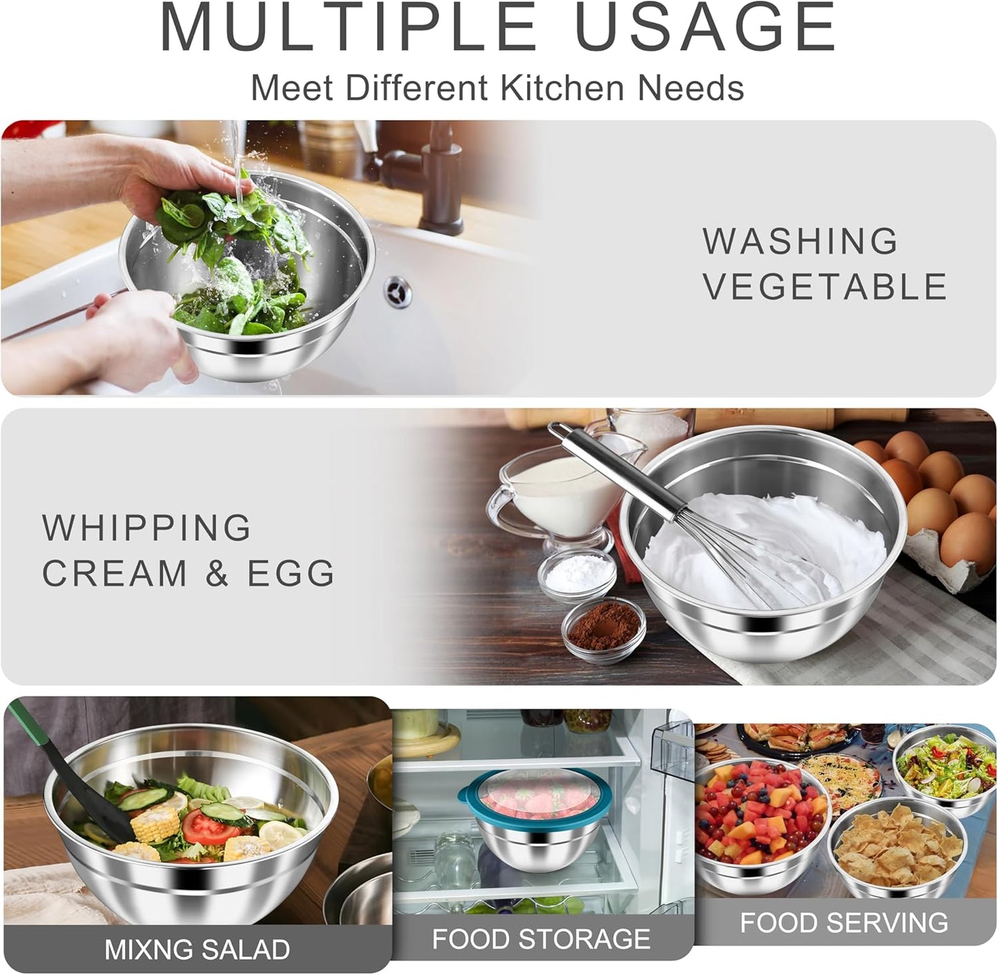 HaWare Mixing Bowls with Airtight Clear Lids, 6-Piece Stainless Steel Strong Nesting Bowls Set, Metal Salad Bowl for Cooking, Prepping, Baking, Serving & Food Storage, Size 4.6, 3, 1.5QT, Teal Blue