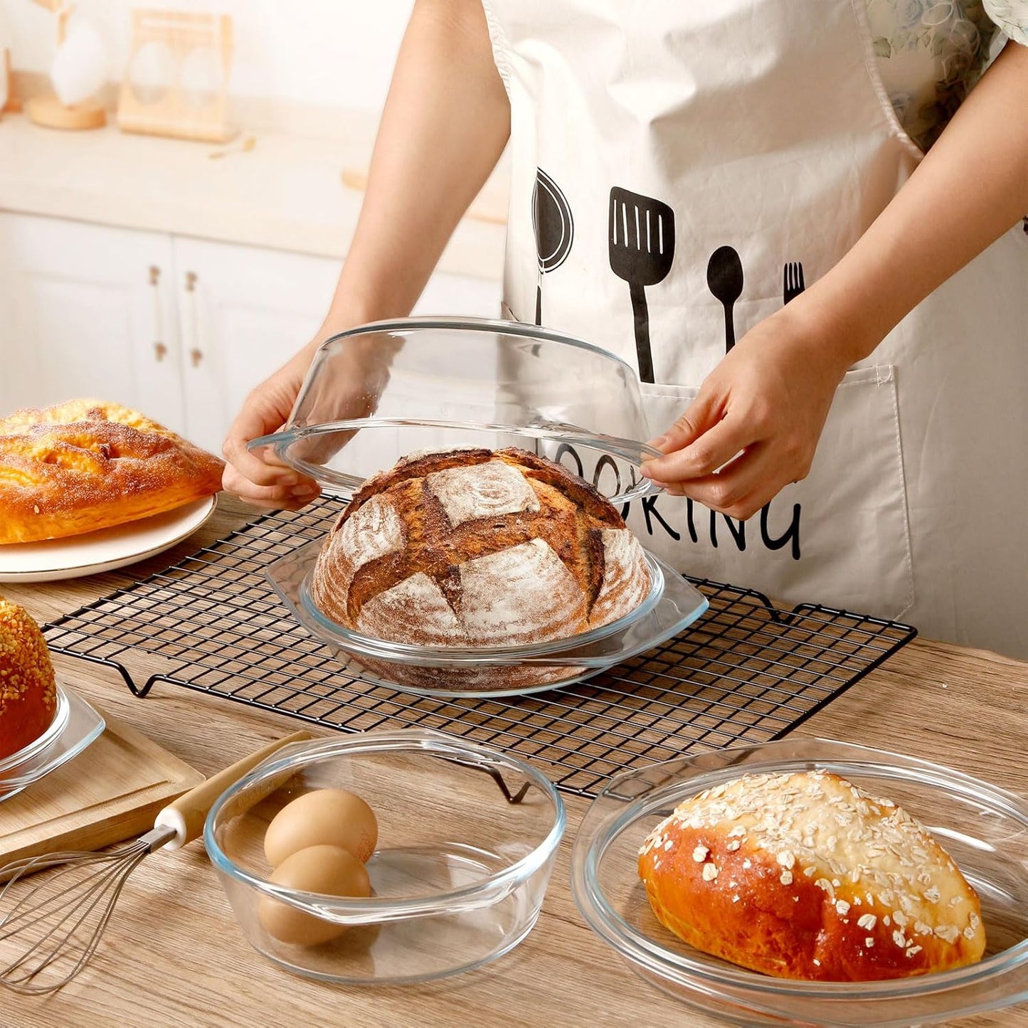 ZYER Round Glass Casserole Dish Set, 3 Sizes (0.65L, 1L, 1.4L) with Glass Lids