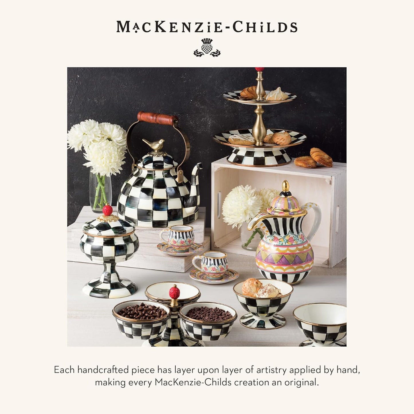 MACKENZIE-CHILDS Enamel Serving Bowl, Enamel Serveware Bowl, 12 Inches, Black-and-White Courtly Check