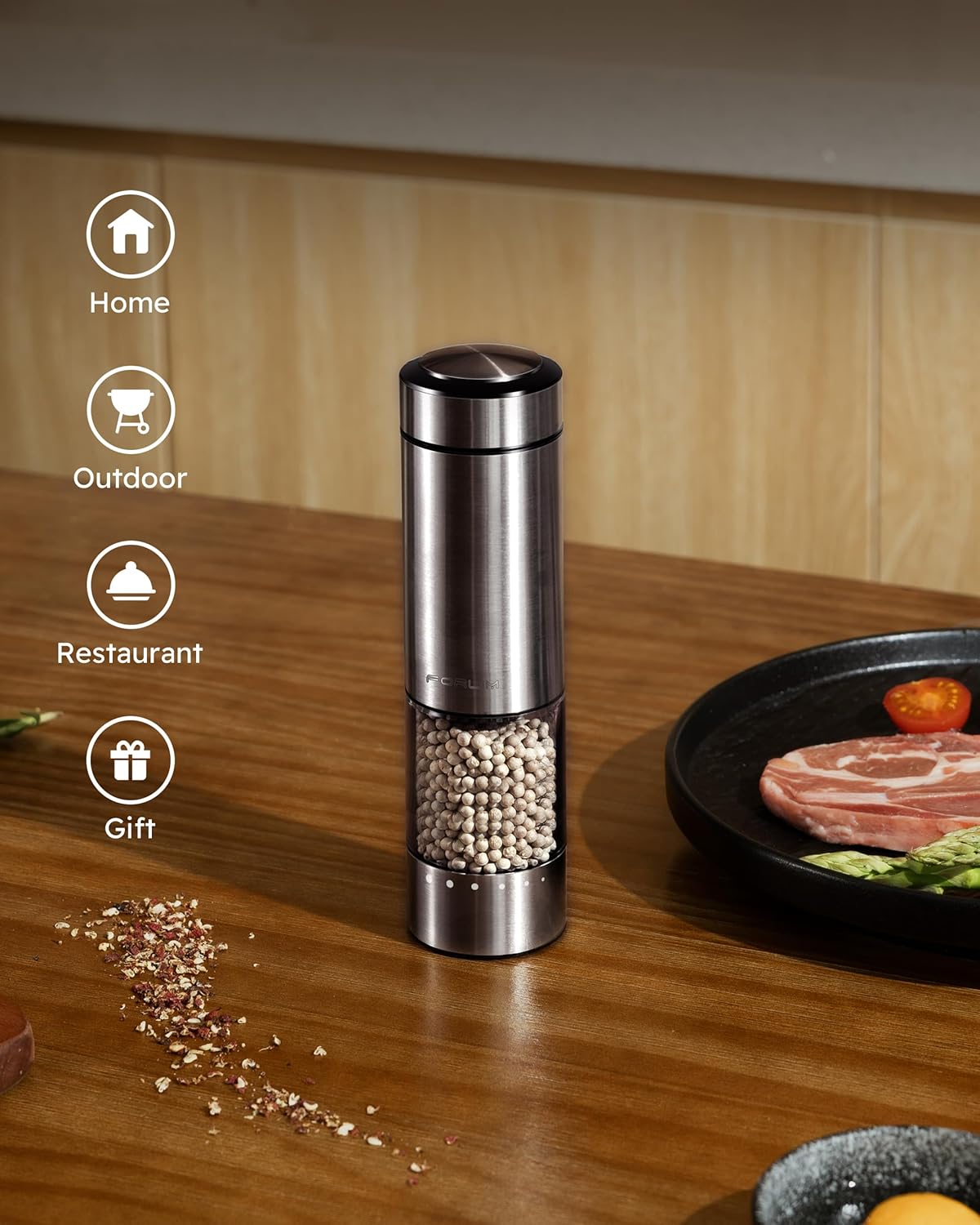 FORLIM Rechargeable Electric Salt and Pepper Grinder Set - Automatic One-Handed Operation Mill with Light (2 Mills) - Electronic Adjustable Shakers - Ceramic Grinder - Gunmetal Gray
