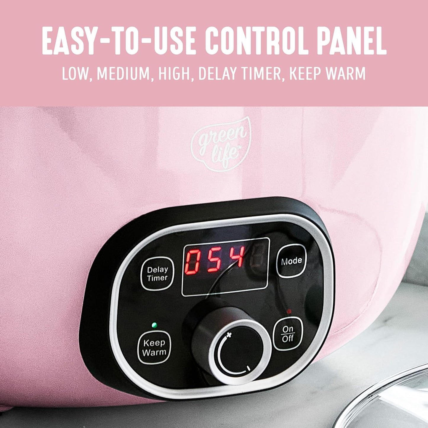 GreenLife 6QT Slow Cooker, Non-Toxic PFAS-Free Ceramic Nonstick Removable Interior Bowl, Programmable, Family Friendly, Keep Warm, Stovetop & Oven Safe, Dishwasher Safe Parts, Timer, Glass Lid, Pink