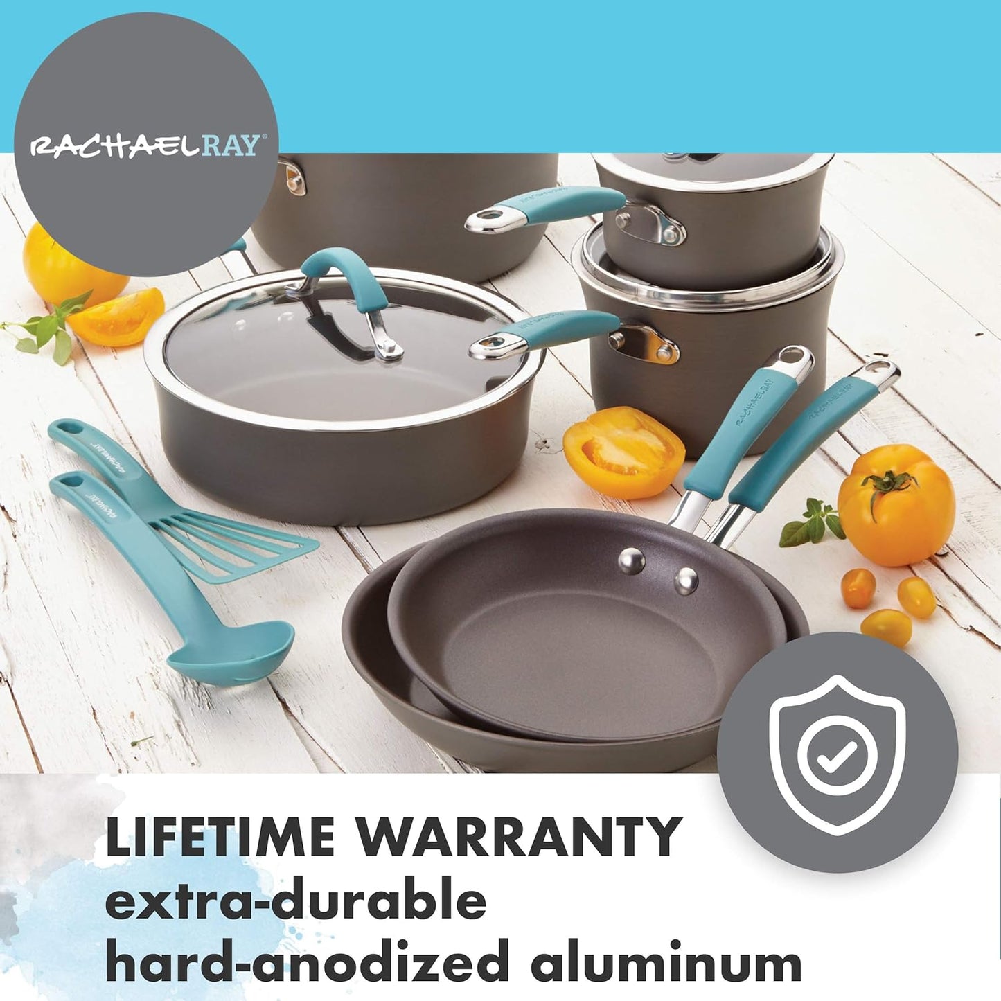 Rachael Ray 87642 Cucina Hard Anodized Nonstick Skillet with Helper Handle, 14 Inch Frying Pan, Gray/Agave Blue