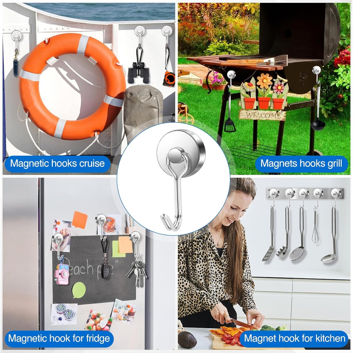 LOVIMAG Hooks, 80lbs+ Magnetic Magnet Hook 2025 Cruise Cabin Ship Essentials Heavy Duty Strong Refrigerator Fridge Hanging for Classroom Beach Vacation Kitchen Grills Home Mug Hanger (12 Pack), Silver