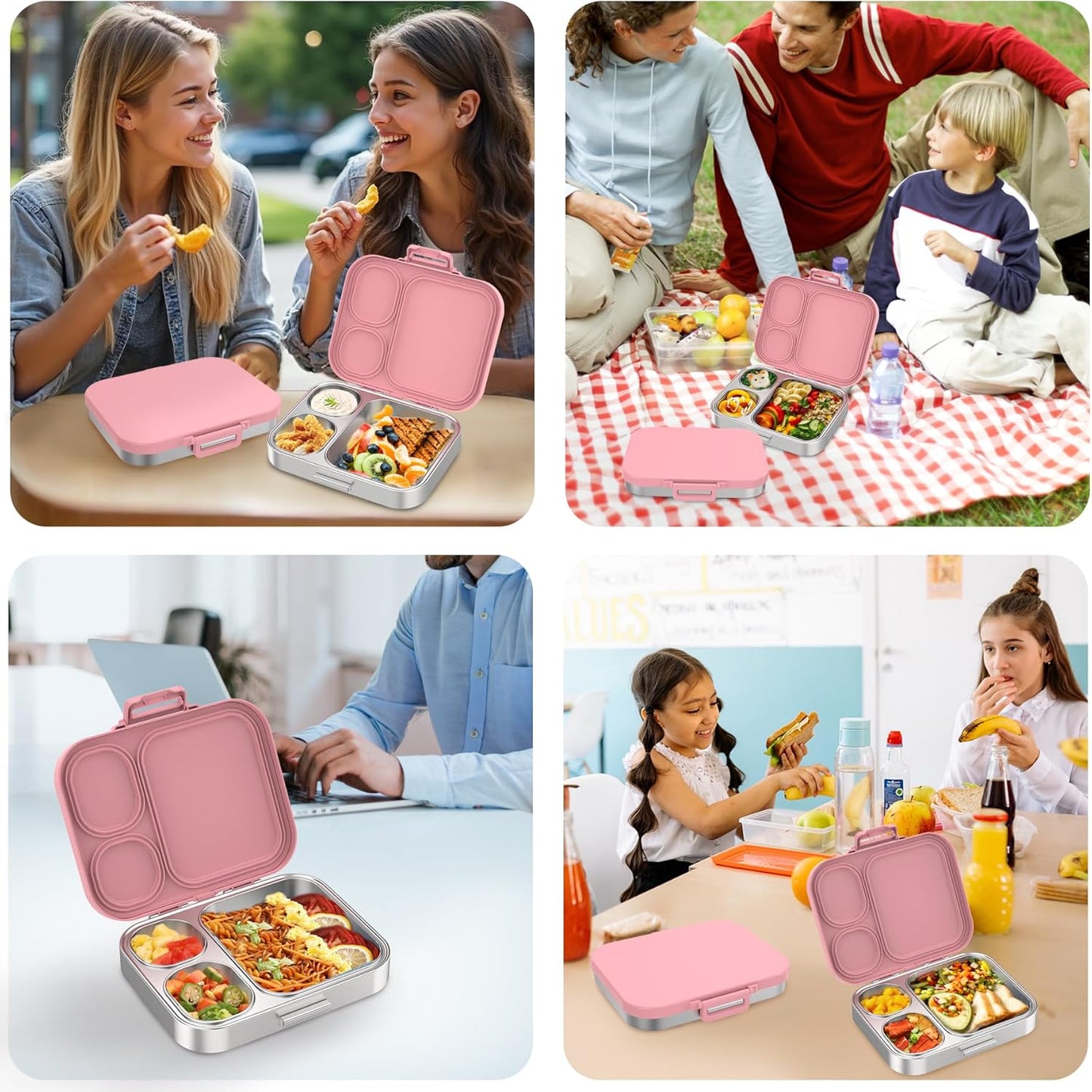 Stainless Steel Bento Lunch Box for Kids | 3-Compartment Lunch Box Container Kids | 100% Leakproof, Dishwasher-Safe, Eco-Friendly, Perfect Portion Control for Kids&Adult Healthy Meals (Pink)