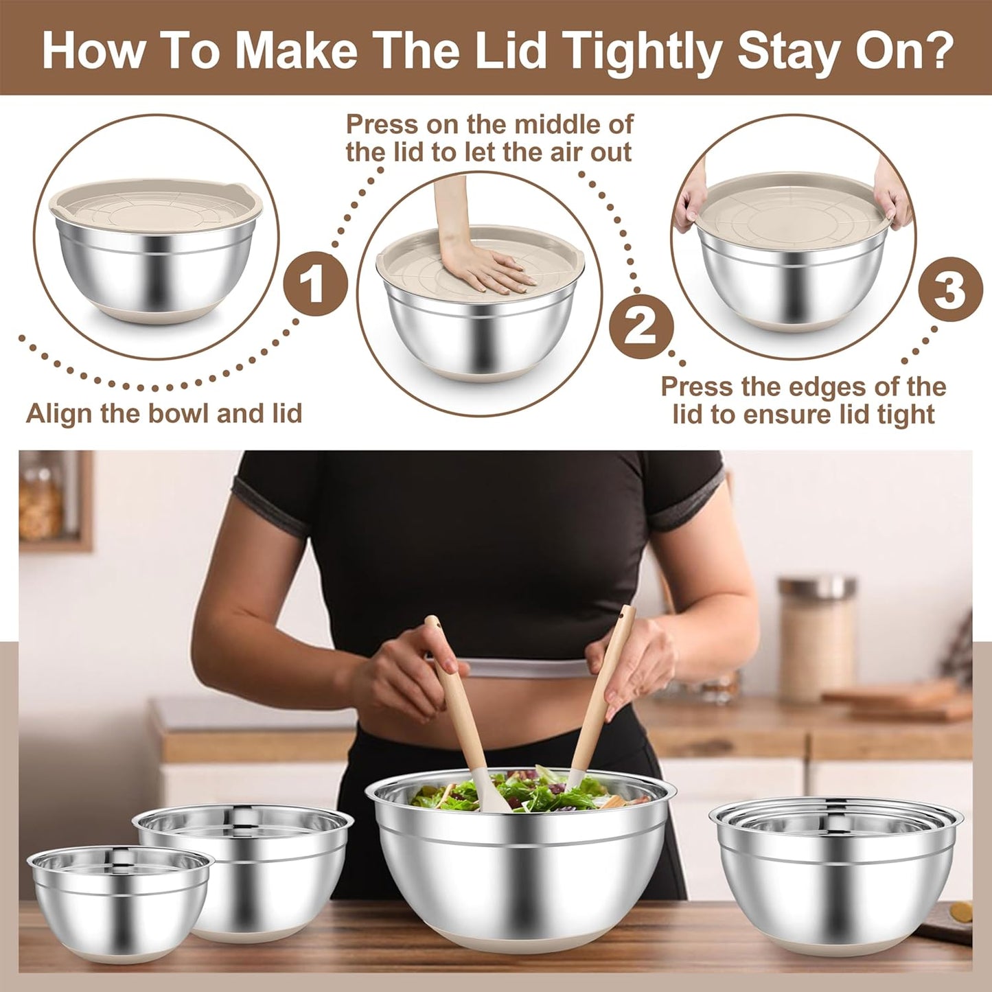 TeamFar Khaki Mixing Bowls, 6-Piece Stainless Steel Nesting Salad Bowls with Lid Set for Prepping Baking, Non-Toxic & Stackable, Air-Tight Lid & Non Slip Bottom, 4.6/2.6/2/1.5/1 / 0.7 QT